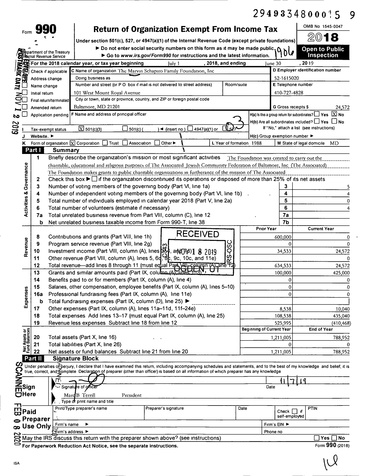 Image of first page of 2018 Form 990 for The Marvin Schapiro Family Foundation