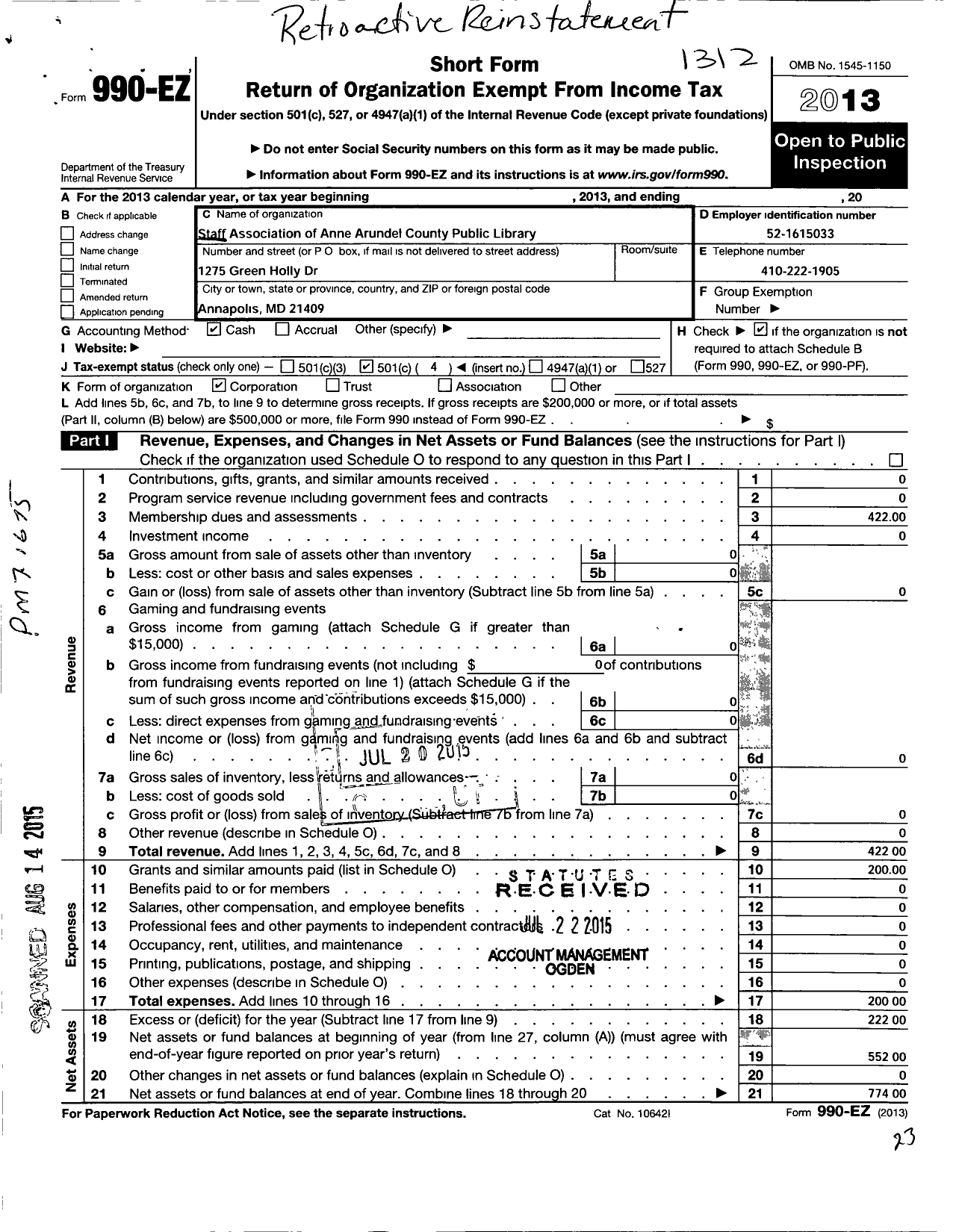 Image of first page of 2013 Form 990EO for Staff Association of the Anne Arundel County Public Library