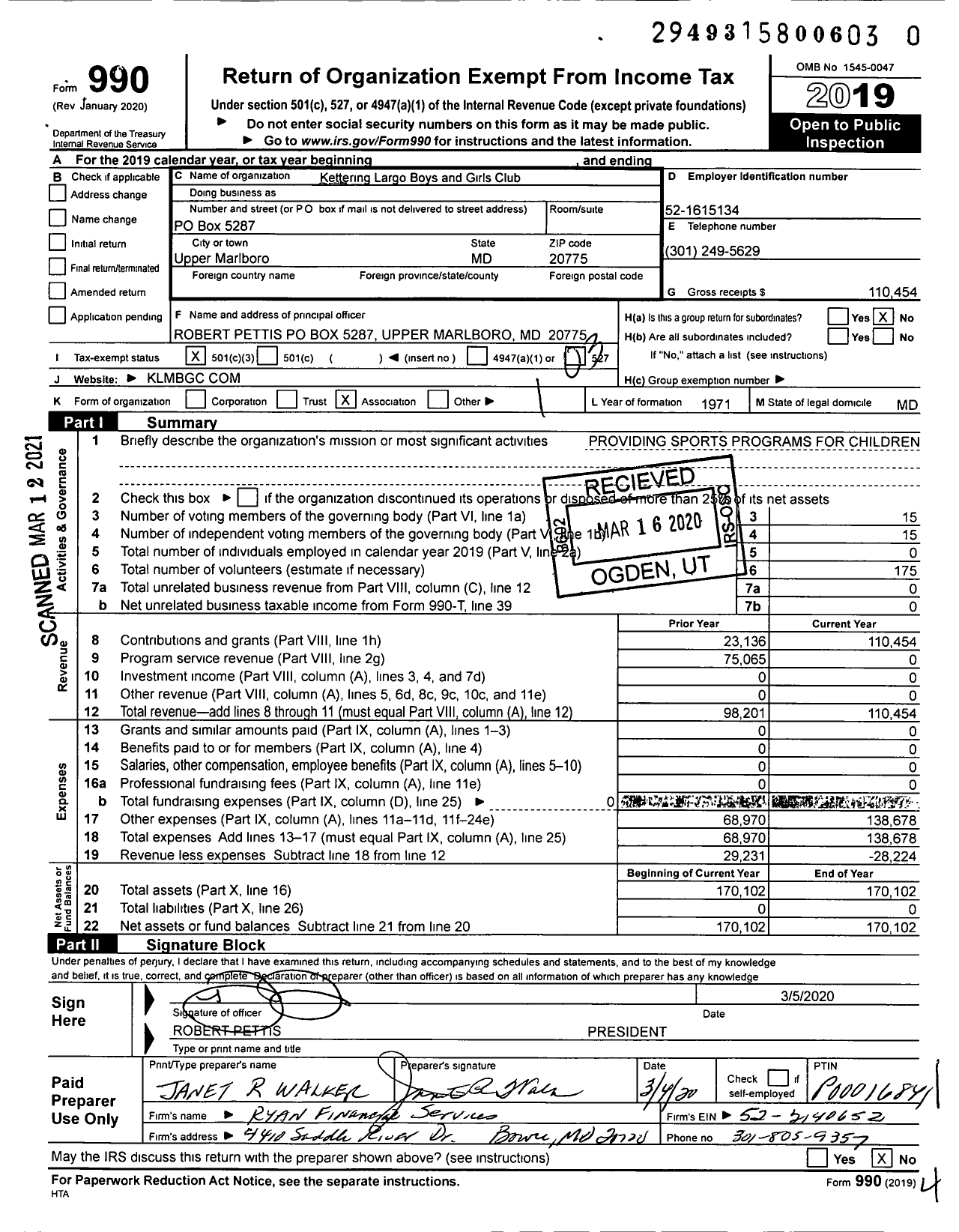 Image of first page of 2019 Form 990 for Kettering Largo Boys & Girls Club