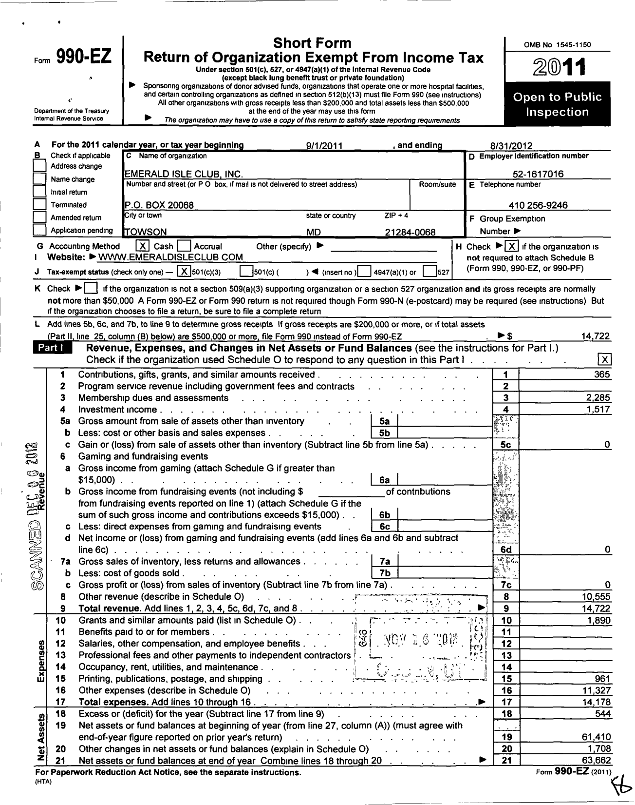 Image of first page of 2011 Form 990EZ for Emerald Isle Club