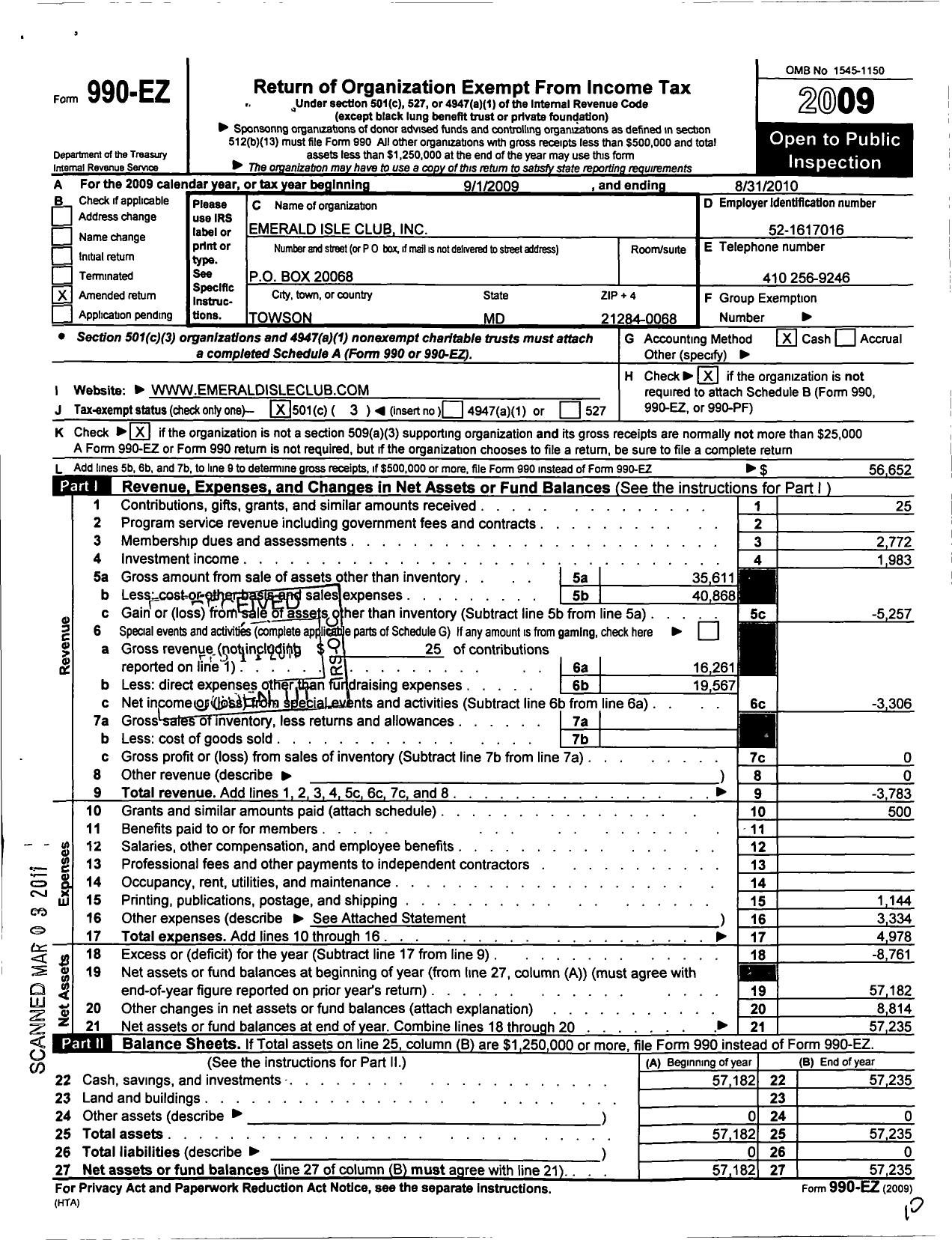 Image of first page of 2009 Form 990EZ for Emerald Isle Club