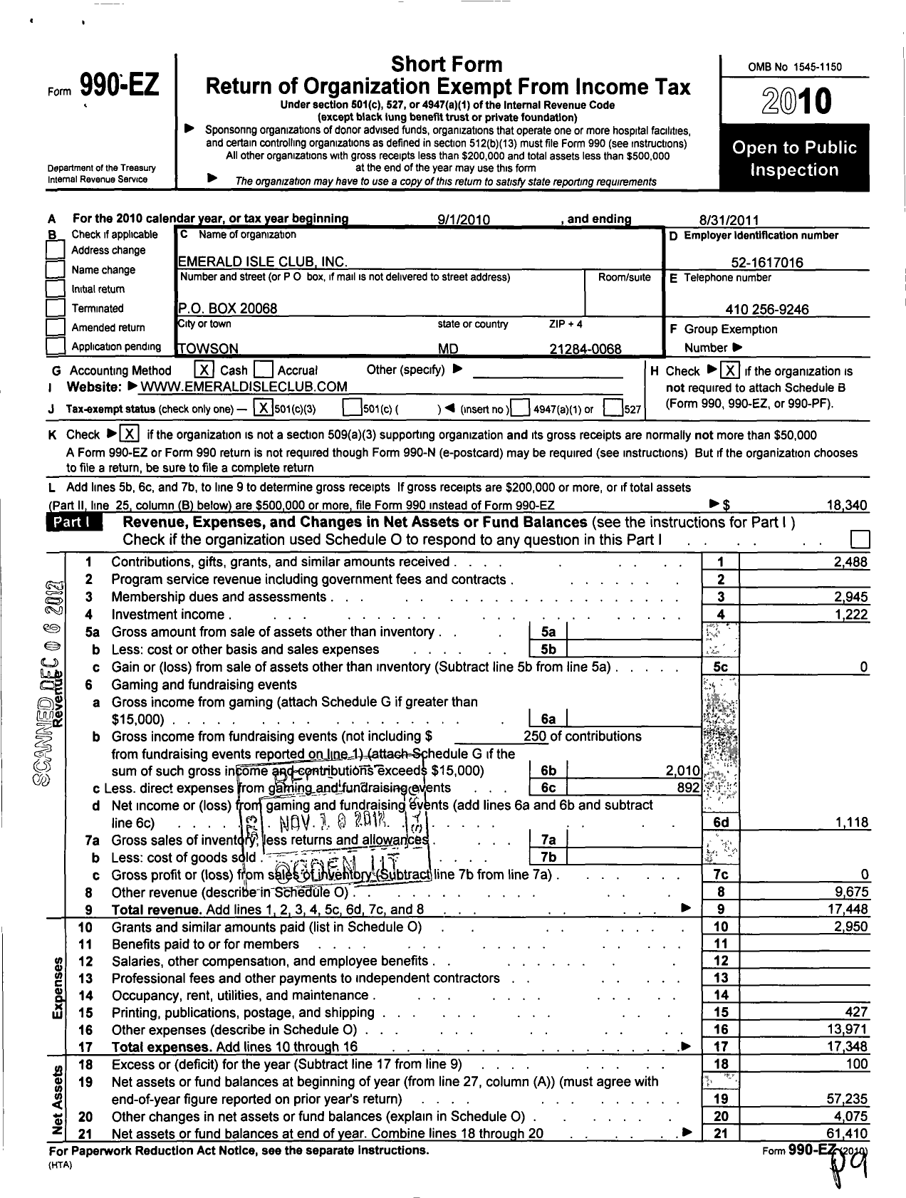Image of first page of 2010 Form 990EZ for Emerald Isle Club