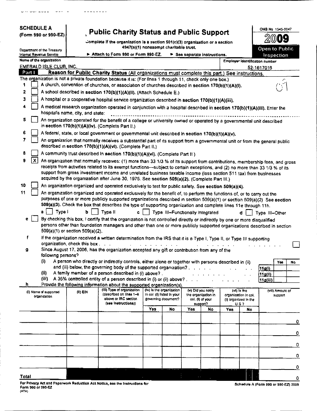 Image of first page of 2009 Form 990ER for Emerald Isle Club