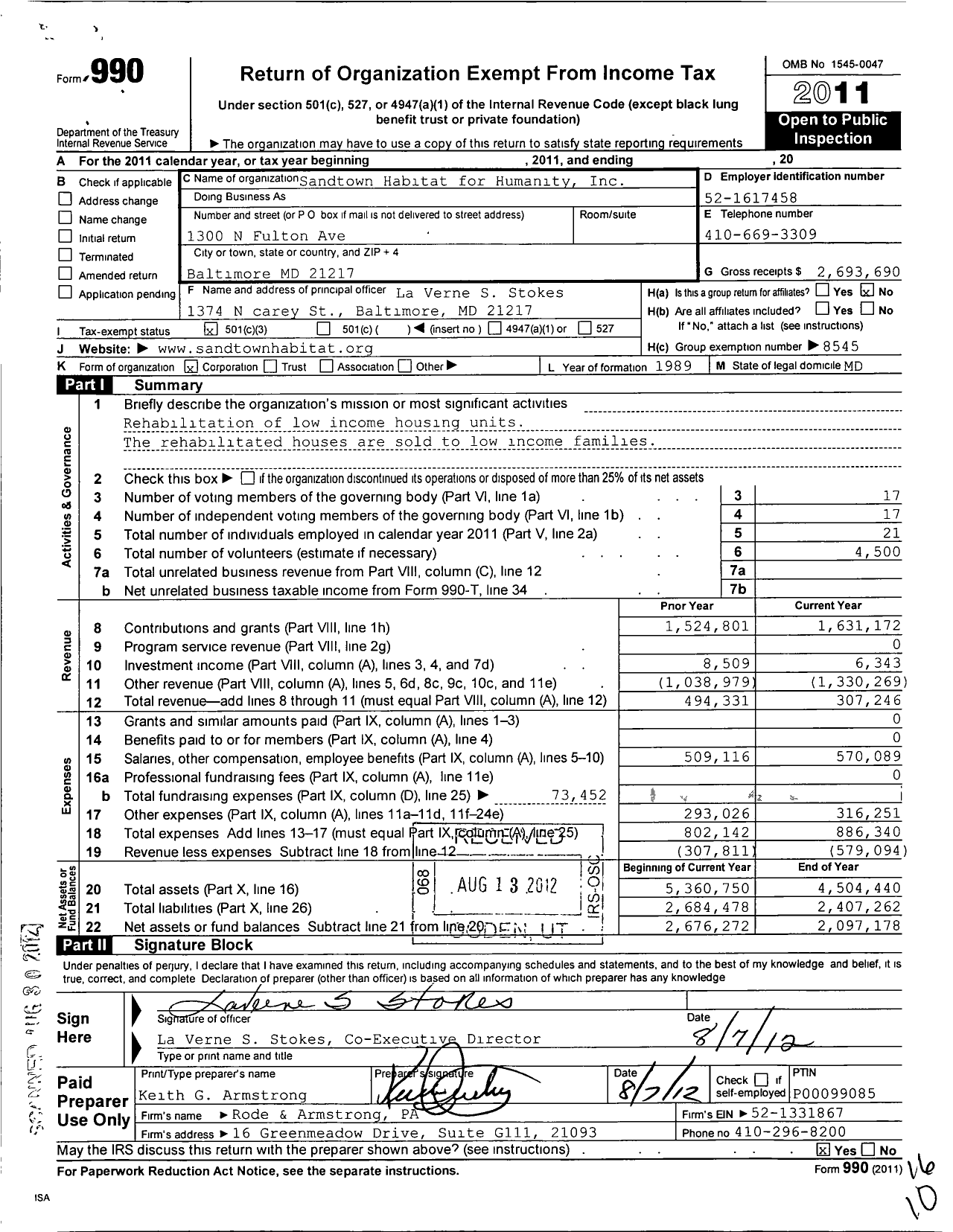 Image of first page of 2011 Form 990 for Sandtown Habitat for Humanity