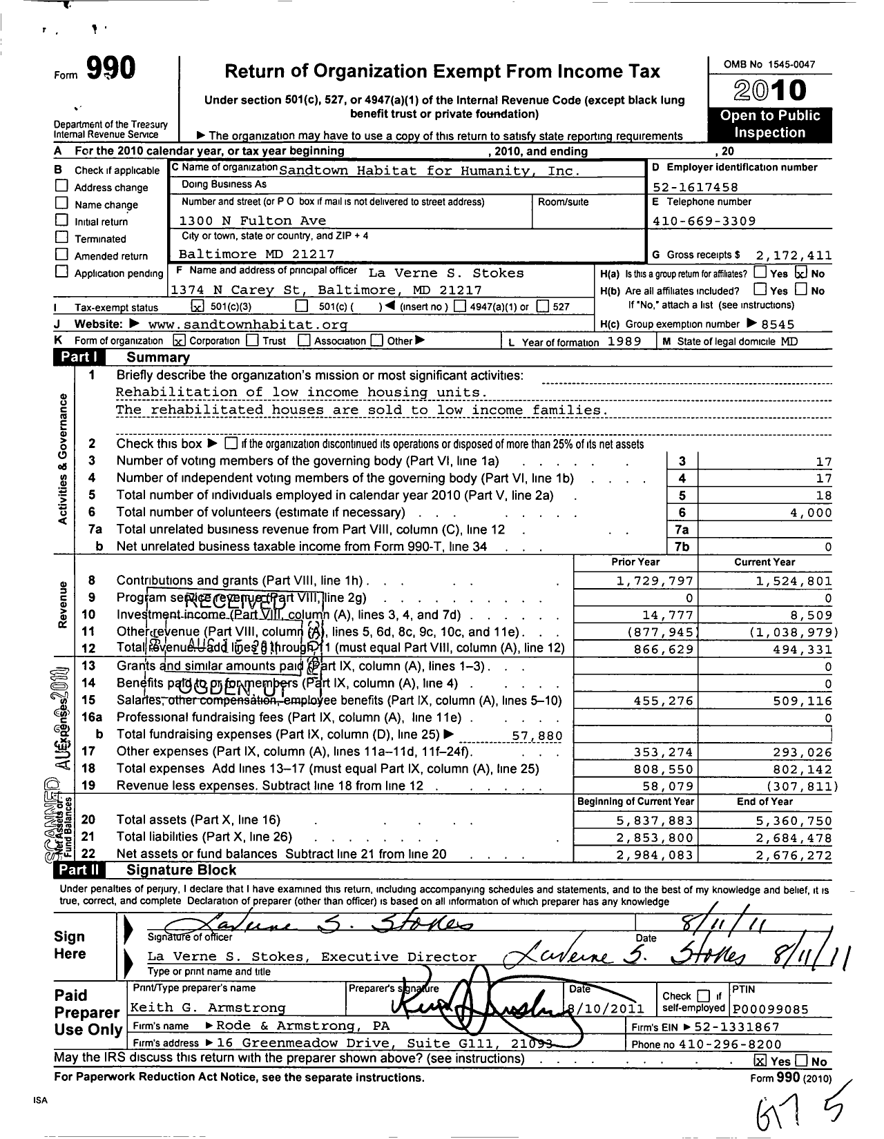 Image of first page of 2010 Form 990 for Sandtown Habitat for Humanity