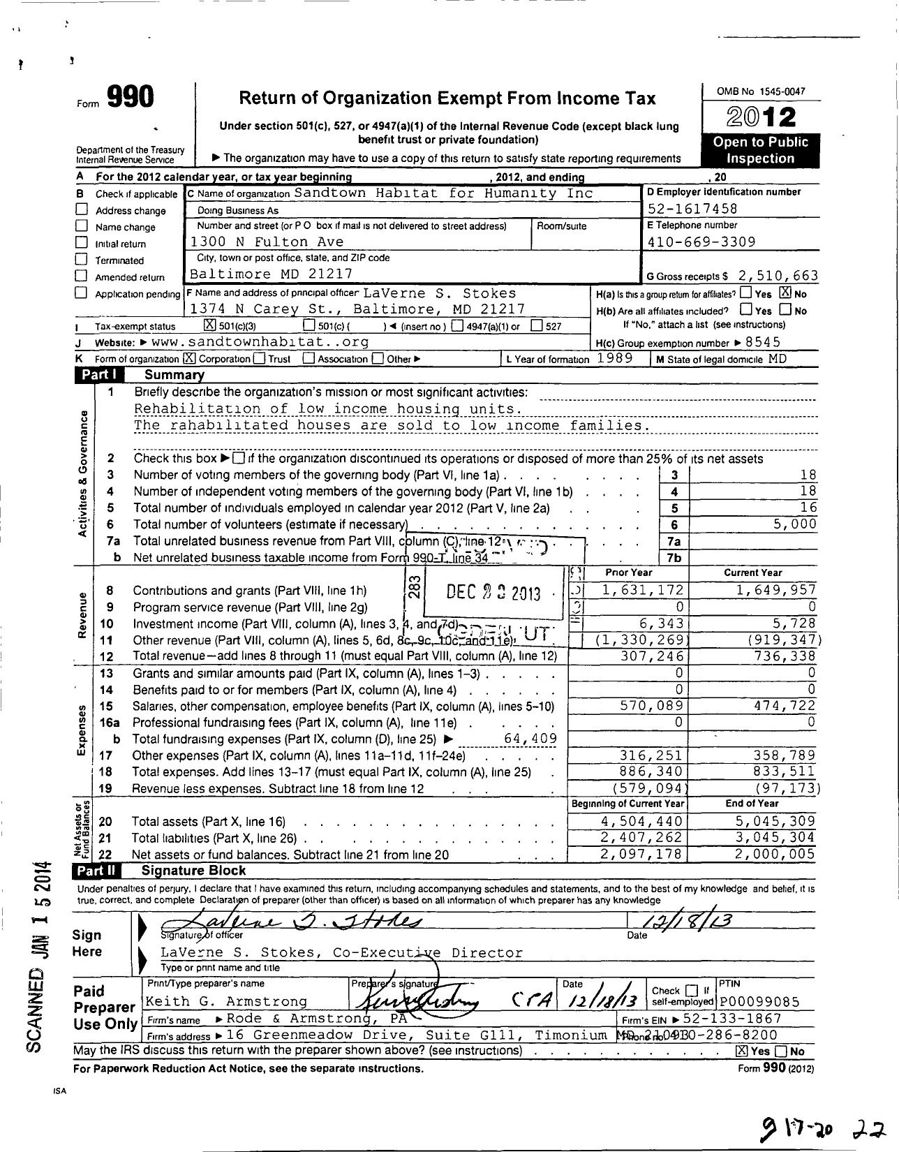 Image of first page of 2012 Form 990 for Sandtown Habitat for Humanity