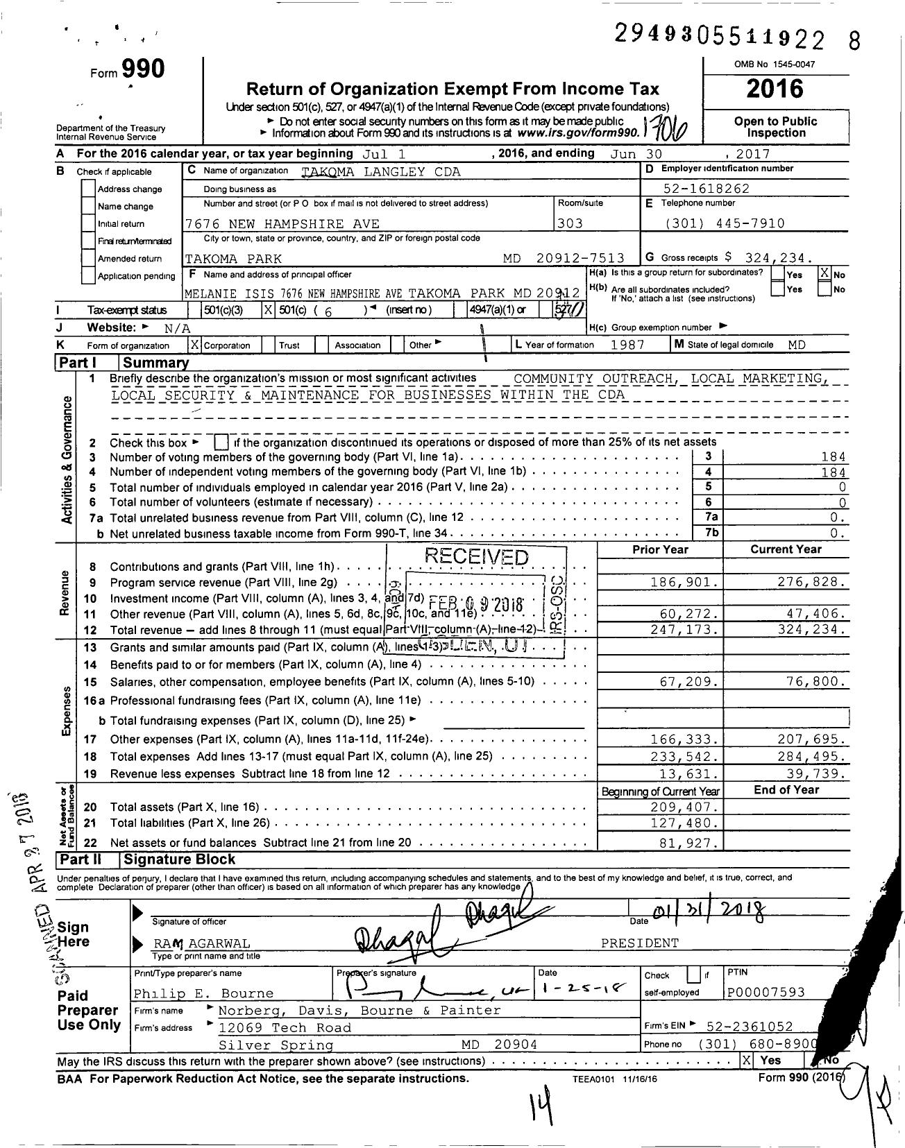 Image of first page of 2016 Form 990O for Takoma Langley Cda