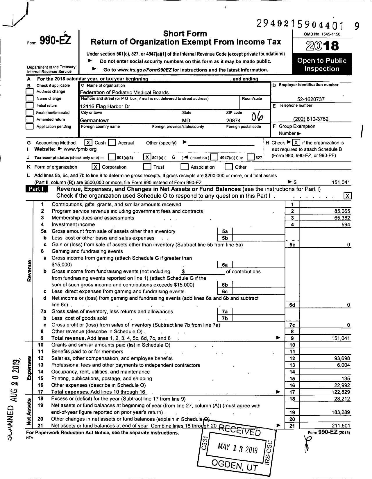 Image of first page of 2018 Form 990EO for Federation of Podiatric Medical Boards