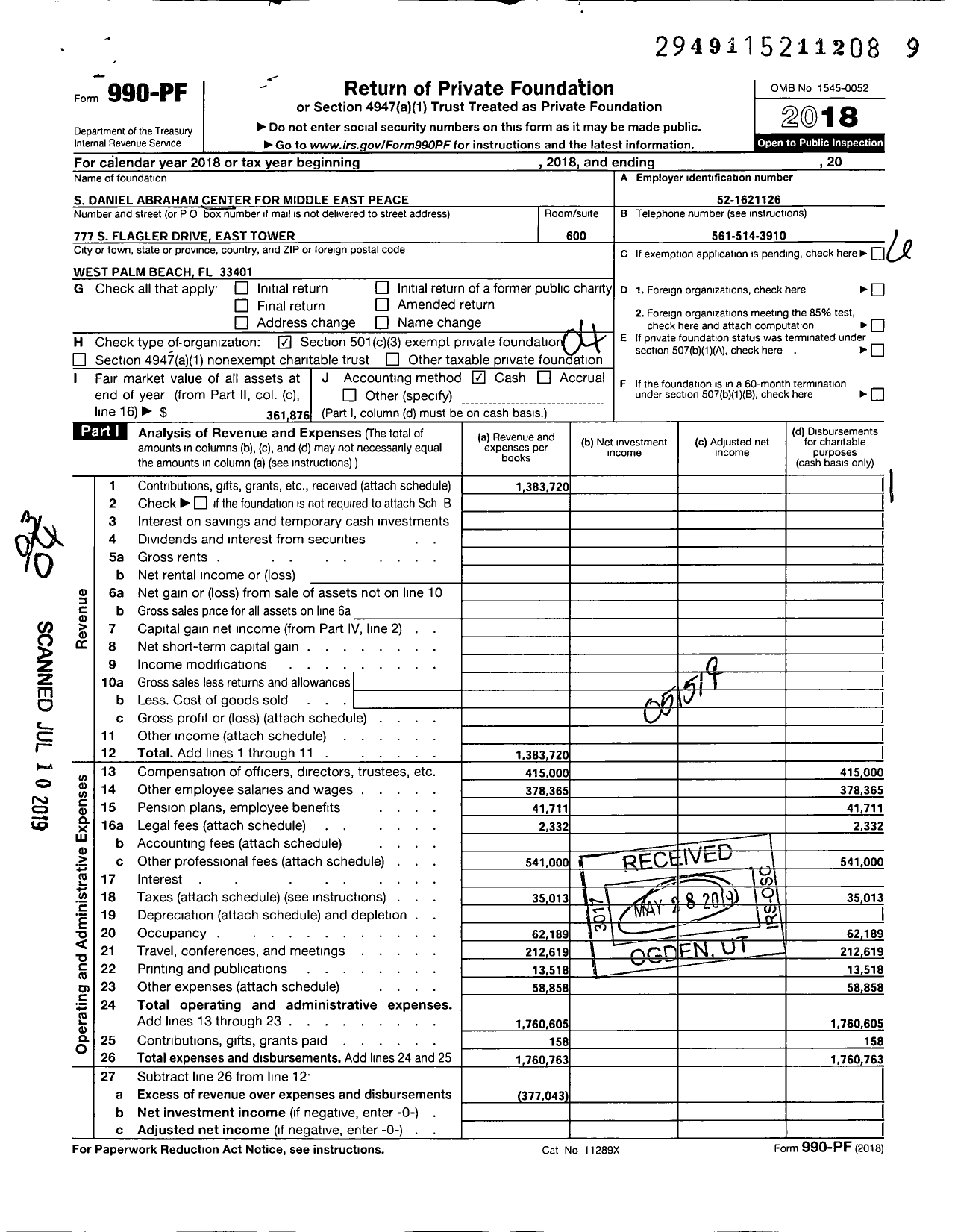 Image of first page of 2018 Form 990PF for S Daniel Abraham Center for Middle East Peace