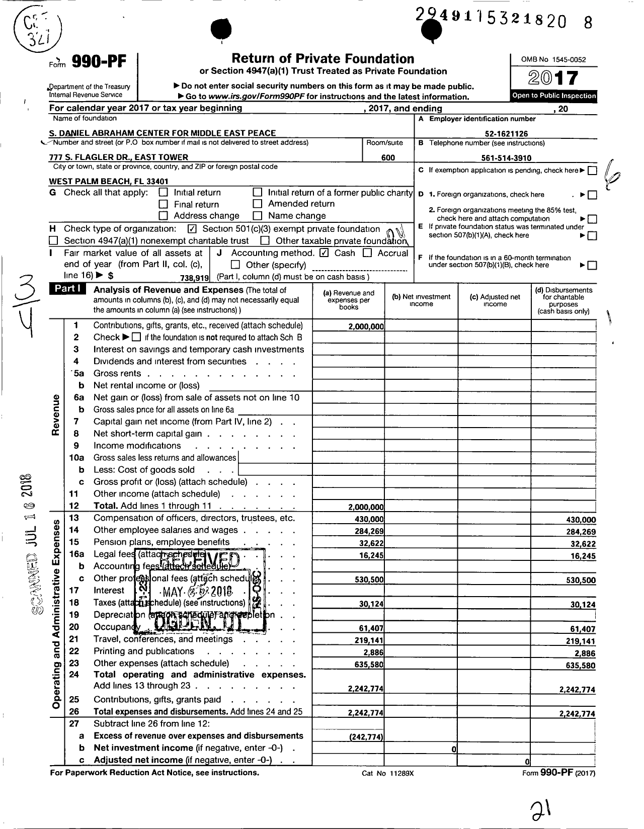 Image of first page of 2017 Form 990PF for S Daniel Abraham Center for Middle East Peace