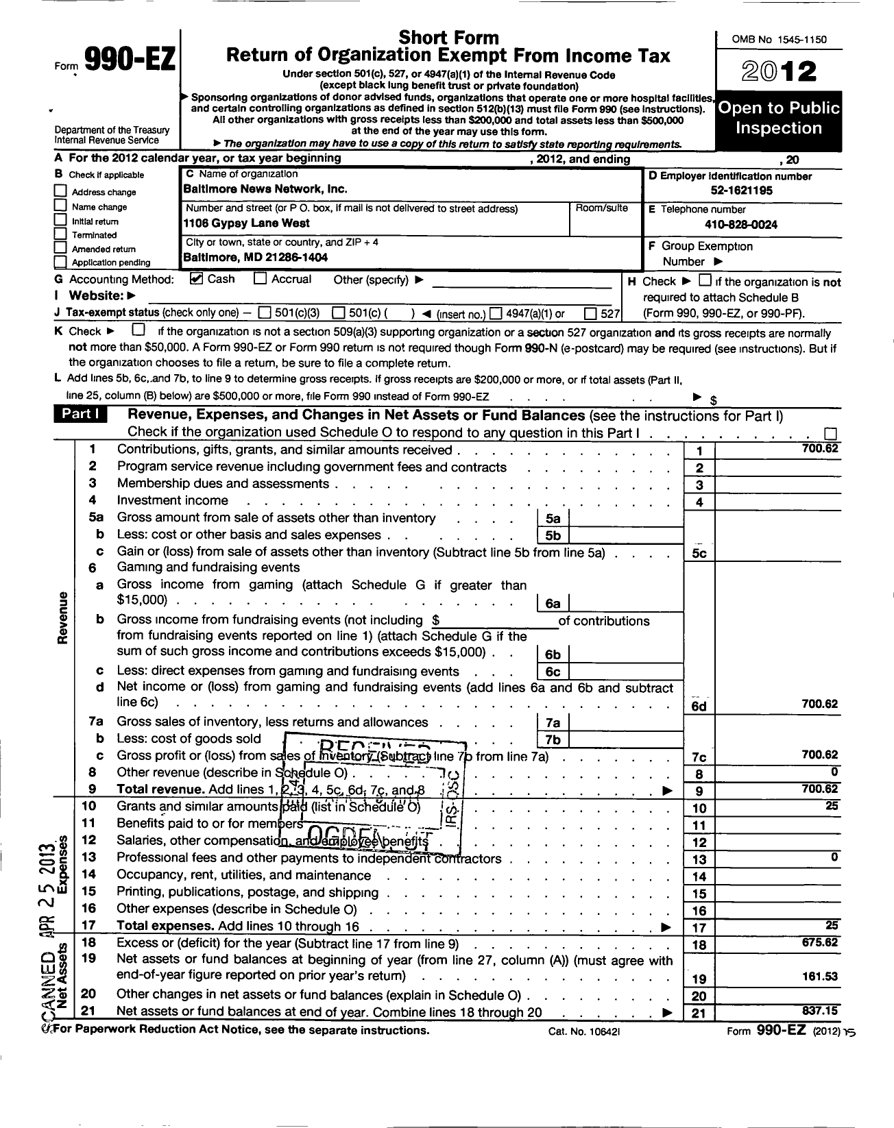 Image of first page of 2012 Form 990EO for The Baltimore News Network