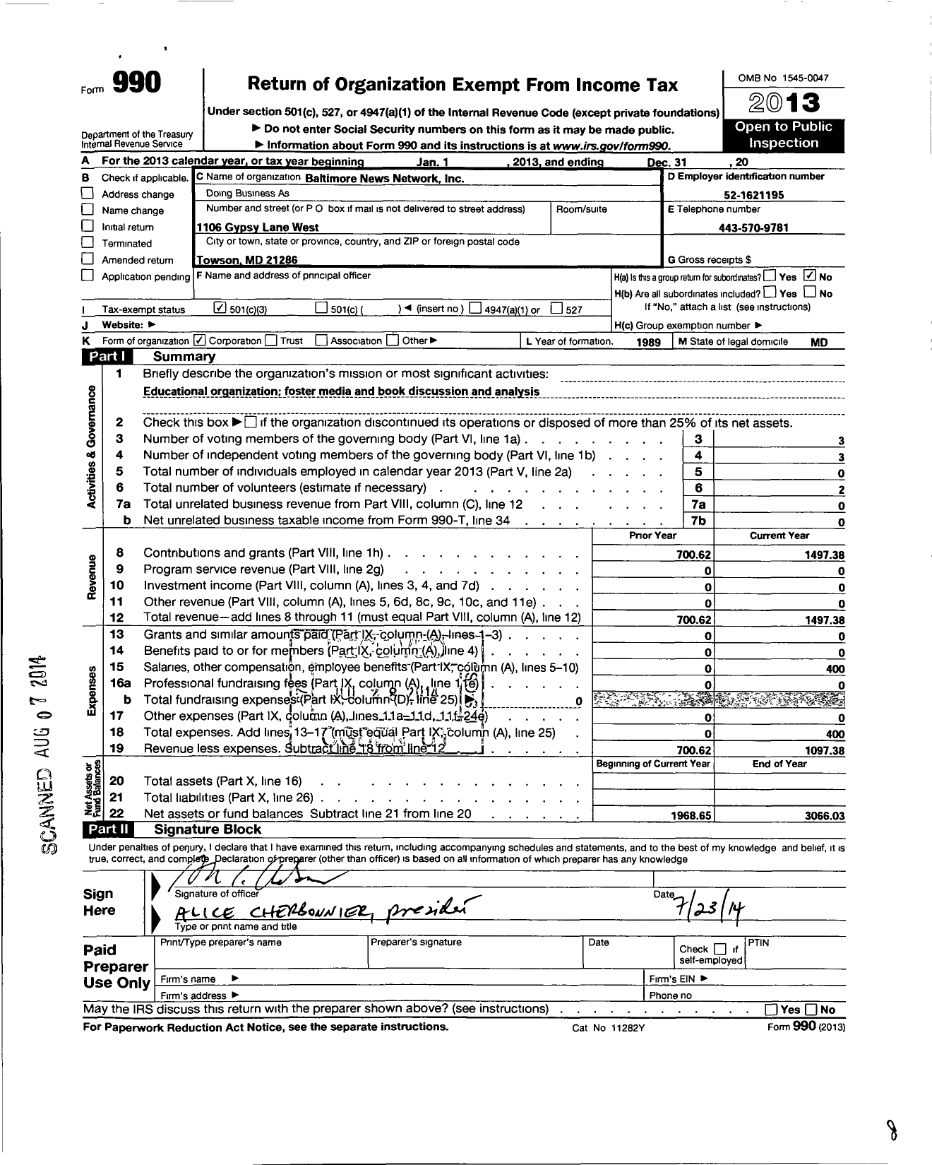 Image of first page of 2013 Form 990 for The Baltimore News Network