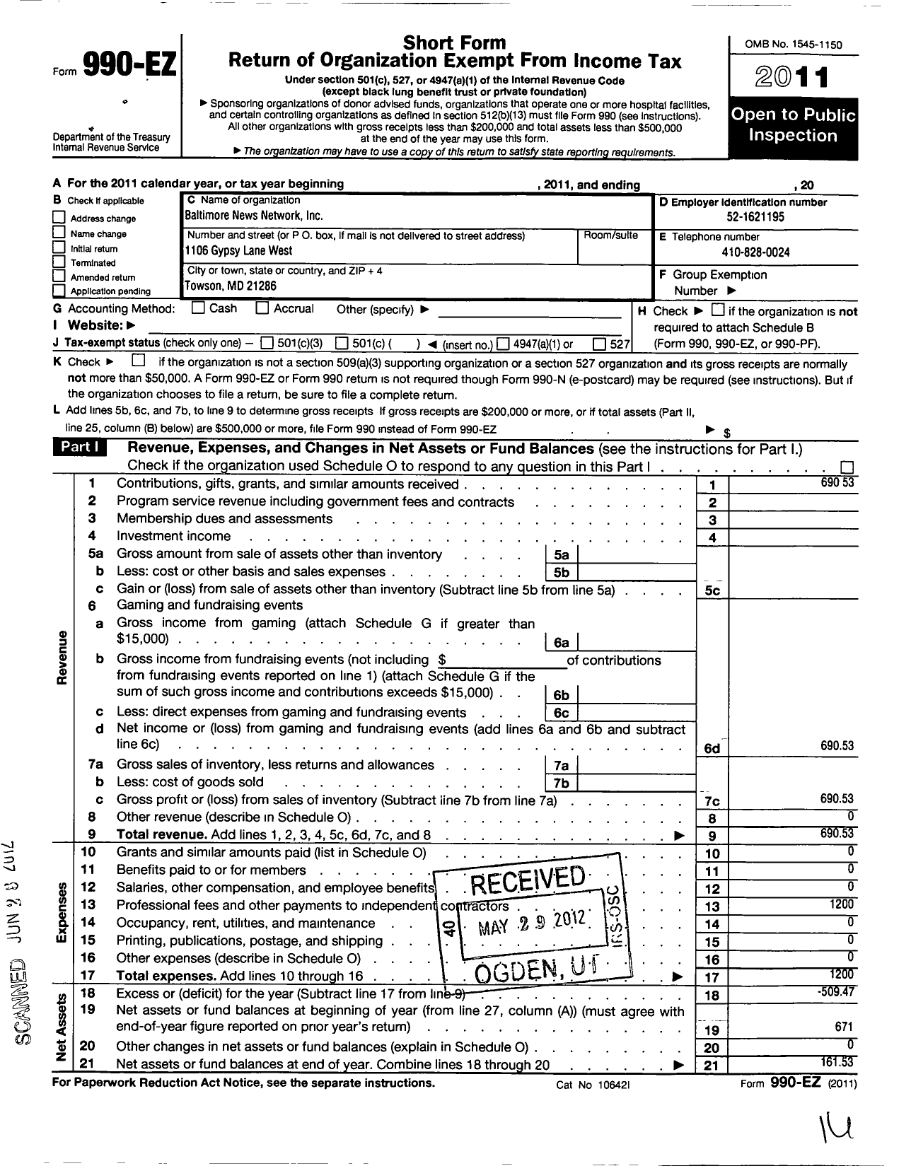 Image of first page of 2011 Form 990EO for The Baltimore News Network