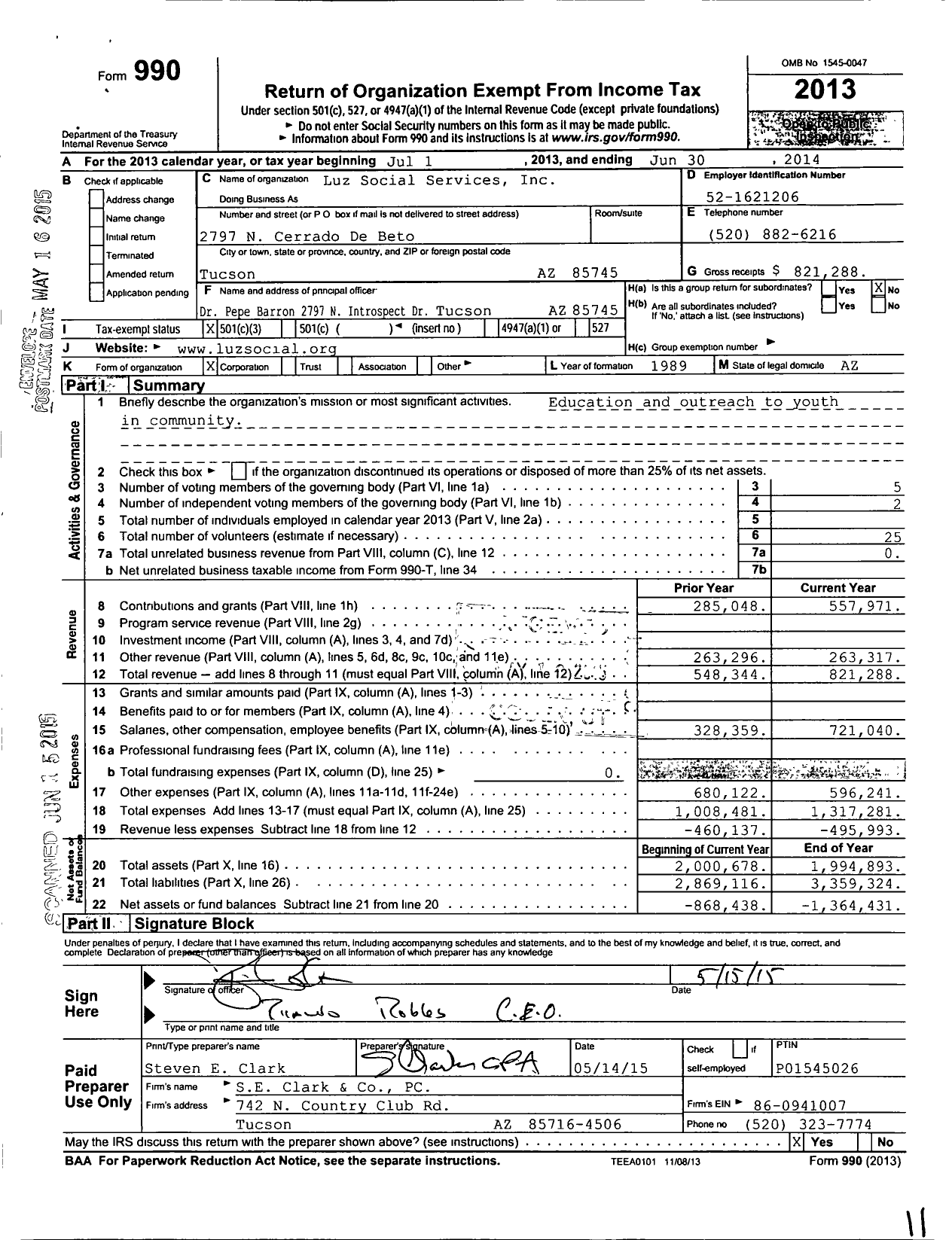 Image of first page of 2013 Form 990 for Luz Social Services