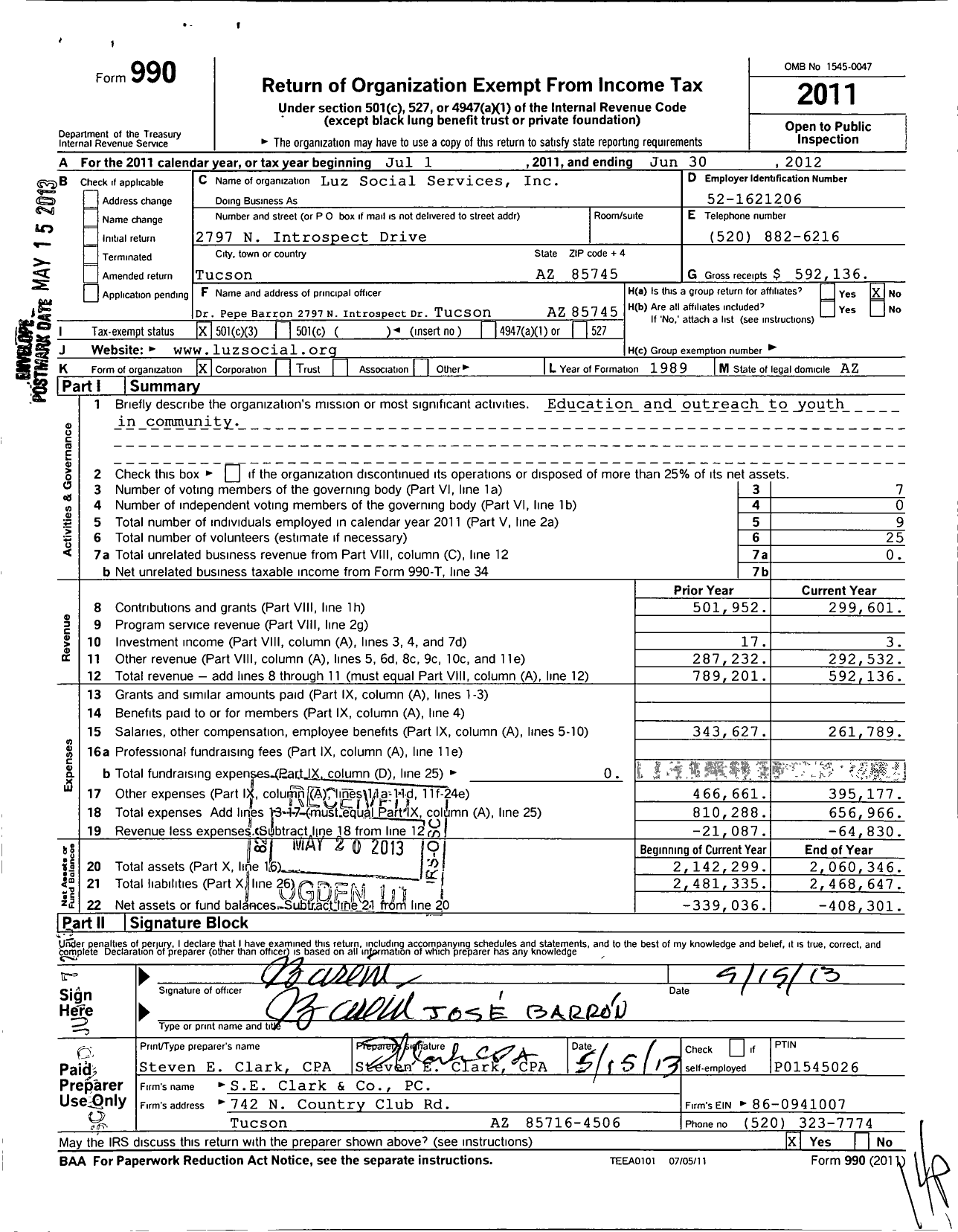 Image of first page of 2011 Form 990 for Luz Social Services