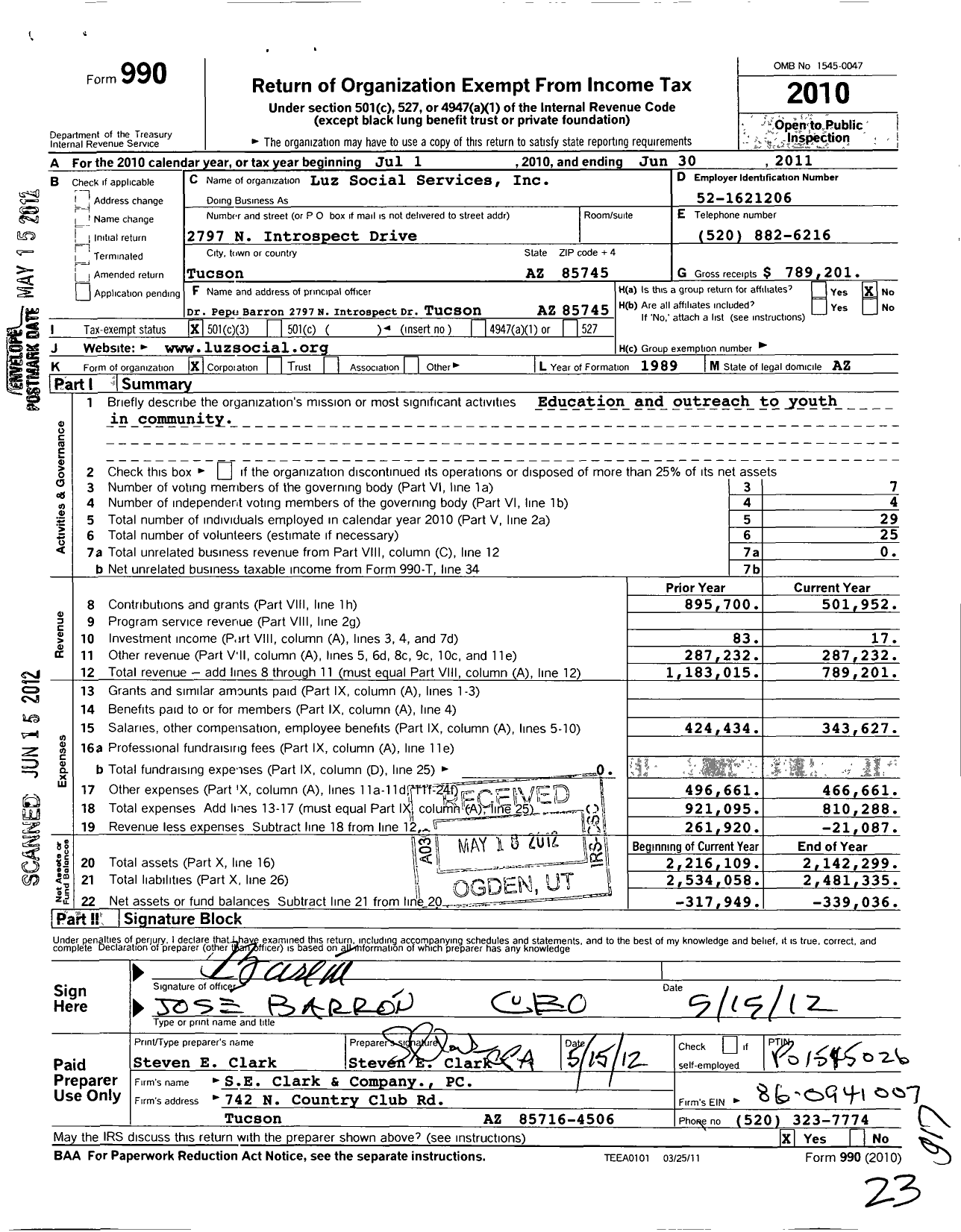 Image of first page of 2010 Form 990 for Luz Social Services