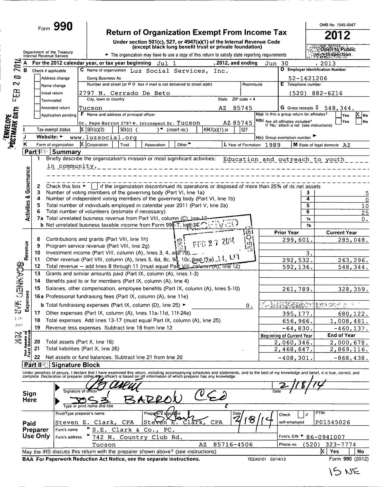 Image of first page of 2012 Form 990 for Luz Social Services