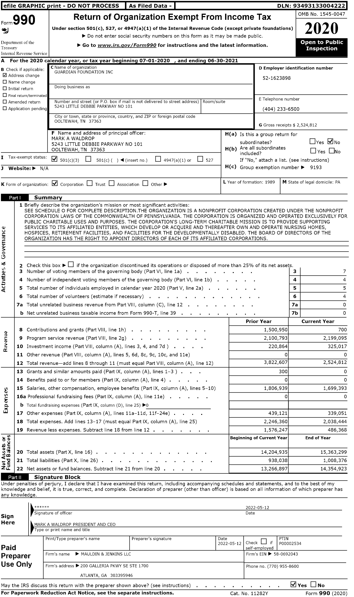 Image of first page of 2020 Form 990 for Guardian Foundation