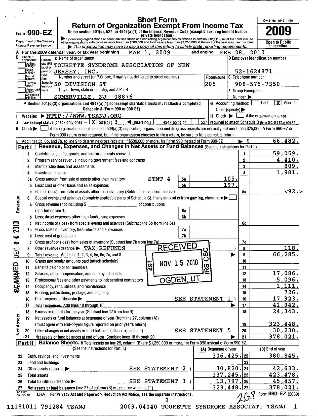 Image of first page of 2009 Form 990EZ for Tourette Association of America New Jersey Chapter