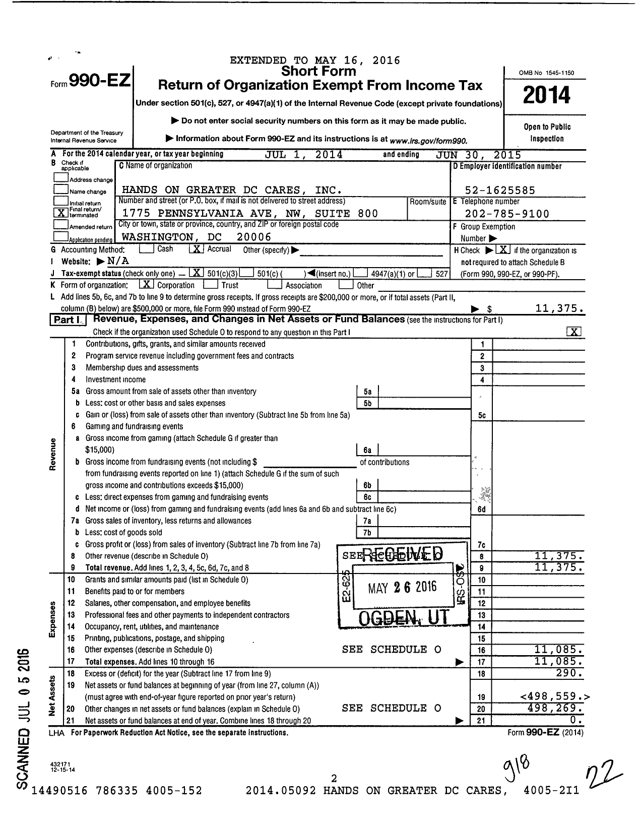 Image of first page of 2014 Form 990EZ for Hands on Greater DC Cares