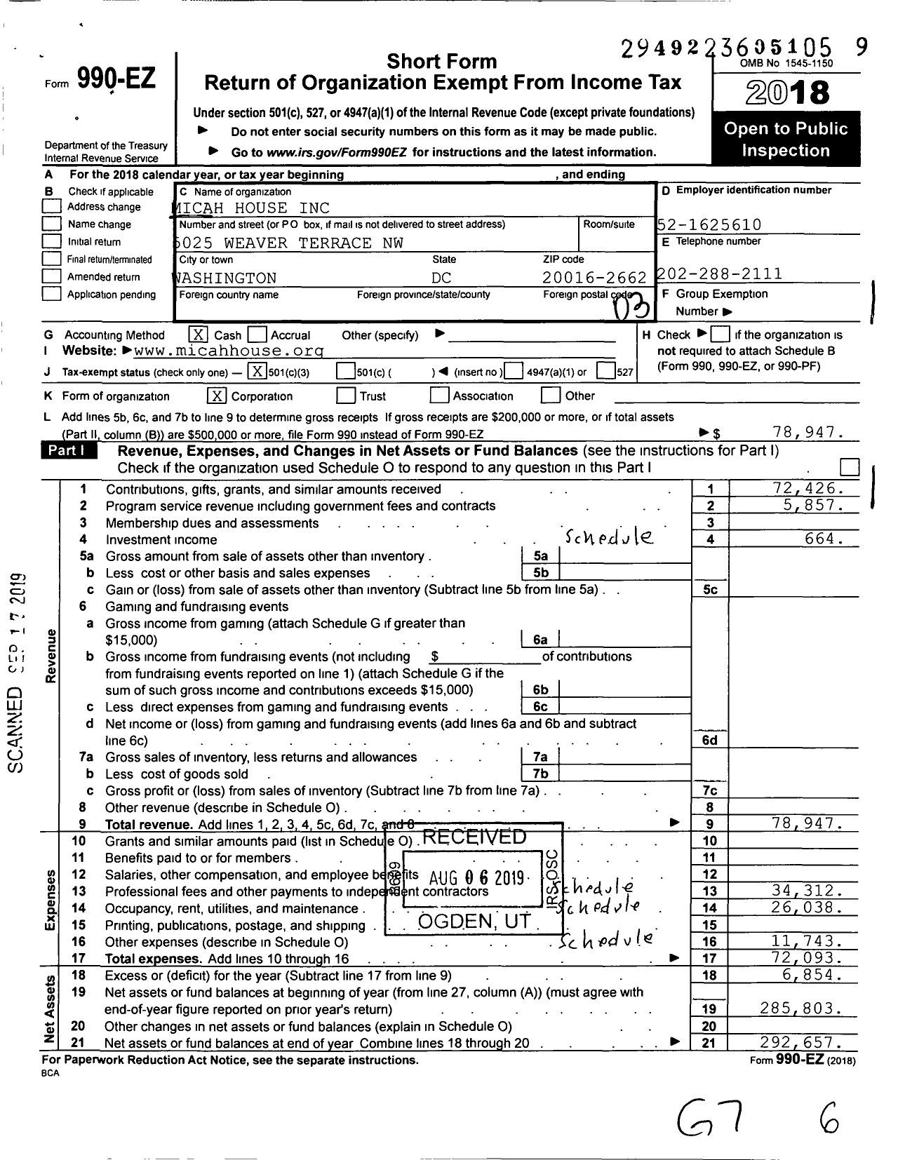 Image of first page of 2018 Form 990EZ for Micah House Ico Joel Korn