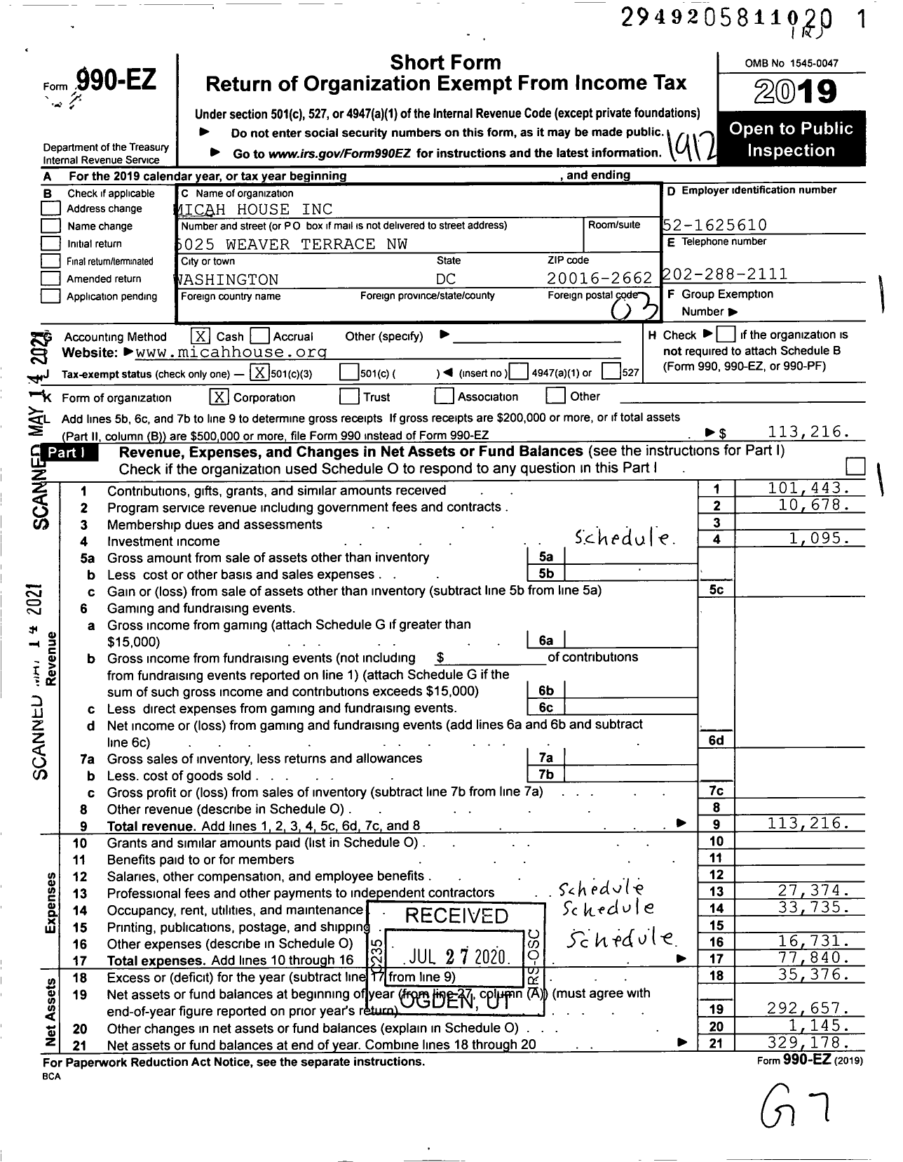 Image of first page of 2019 Form 990EZ for Micah House Ico Joel Korn