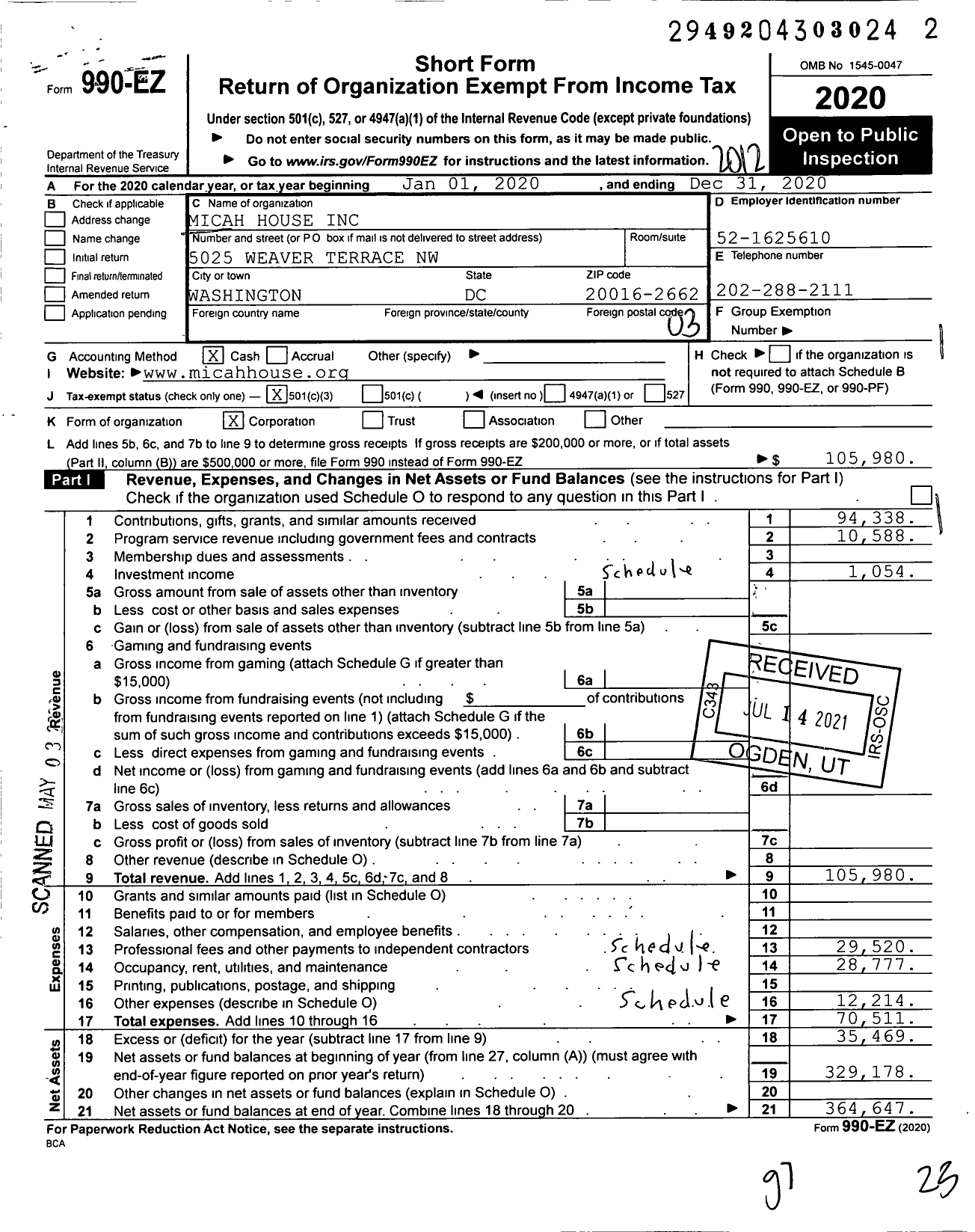 Image of first page of 2020 Form 990EZ for Micah House Ico Joel Korn