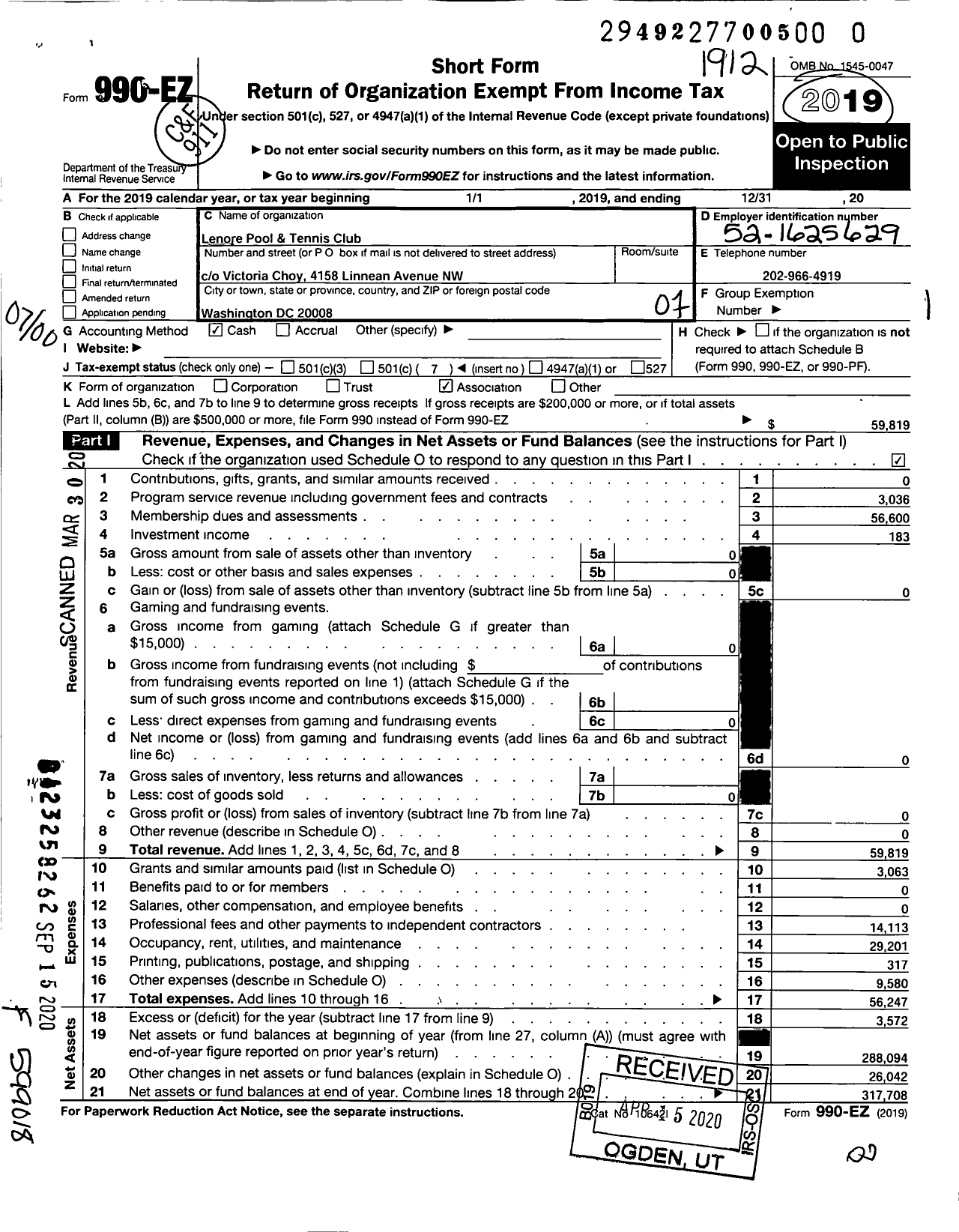 Image of first page of 2019 Form 990EO for Lenore Pool and Tennis Club