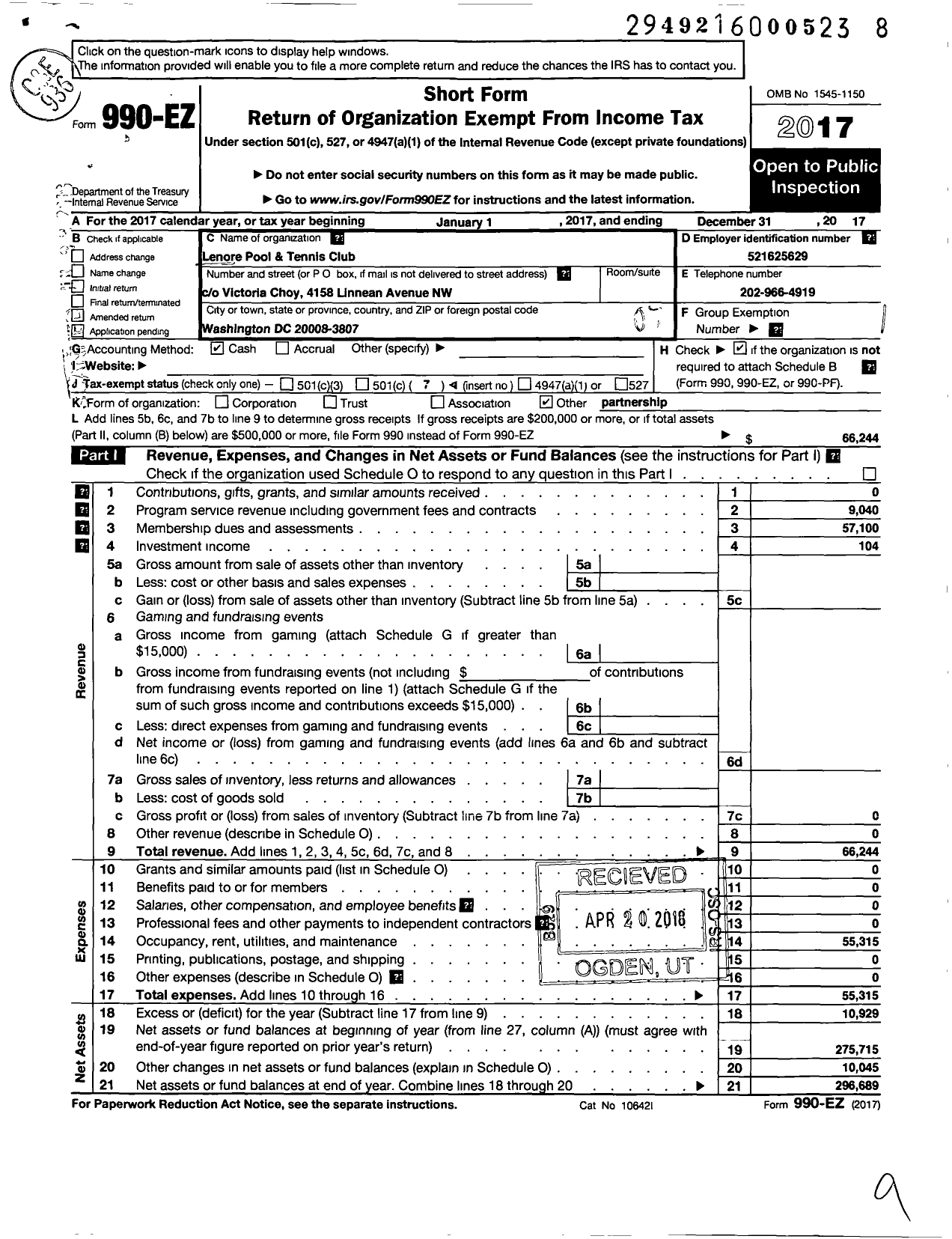 Image of first page of 2017 Form 990EO for Lenore Pool and Tennis Club