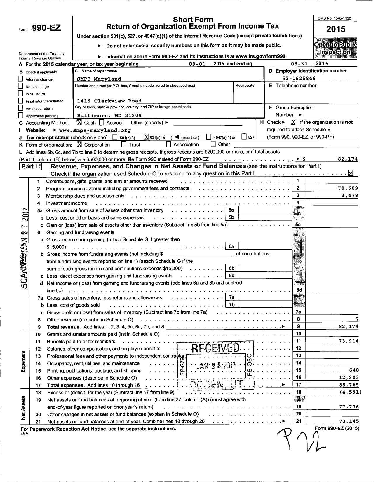 Image of first page of 2015 Form 990EO for Society for Marketing Professional Services / Maryland Chapter of SMPS