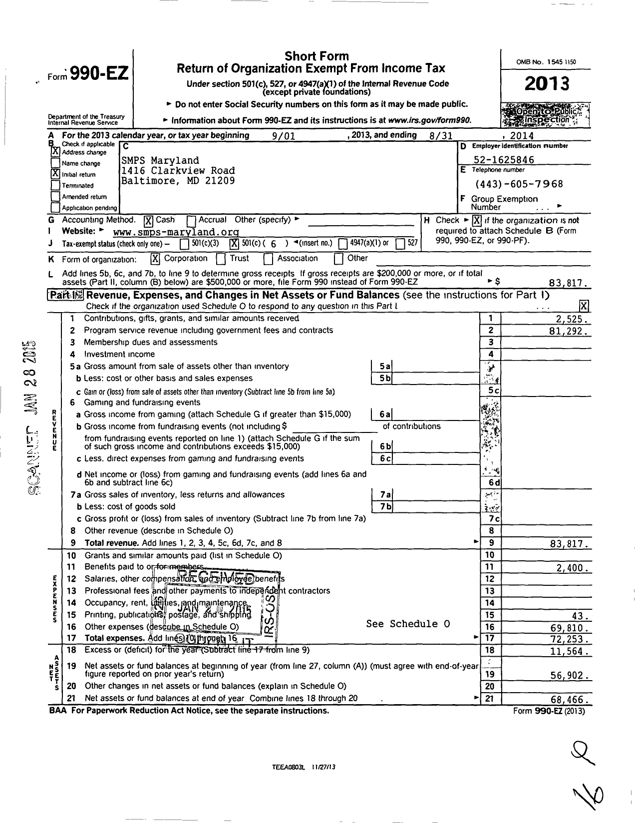 Image of first page of 2013 Form 990EO for Society for Marketing Professional Services / Maryland Chapter of SMPS