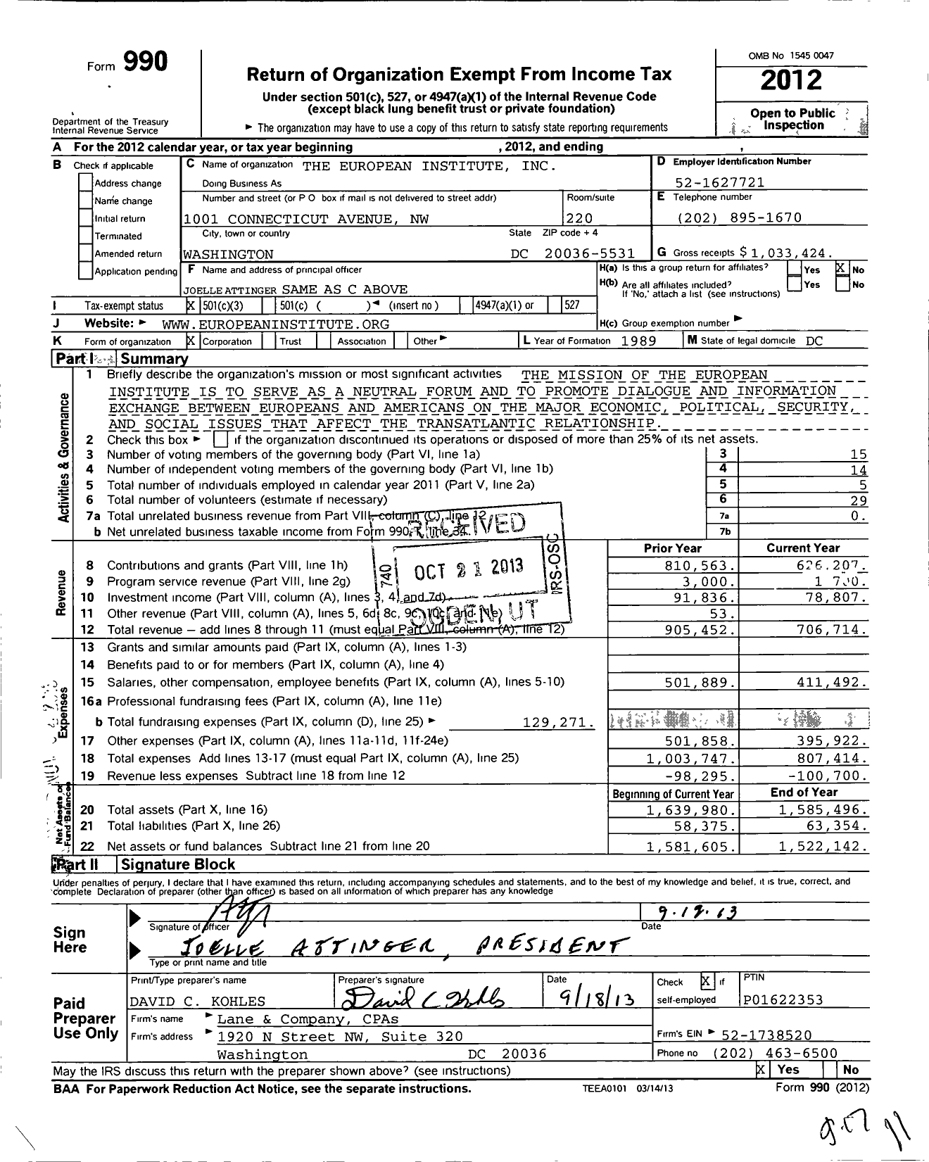 Image of first page of 2012 Form 990 for The European Institute