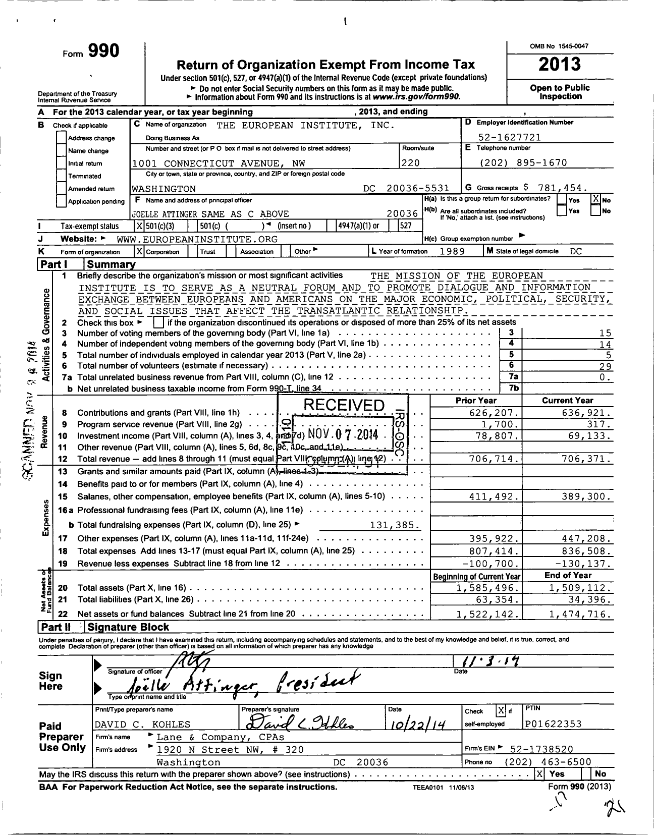 Image of first page of 2013 Form 990 for The European Institute