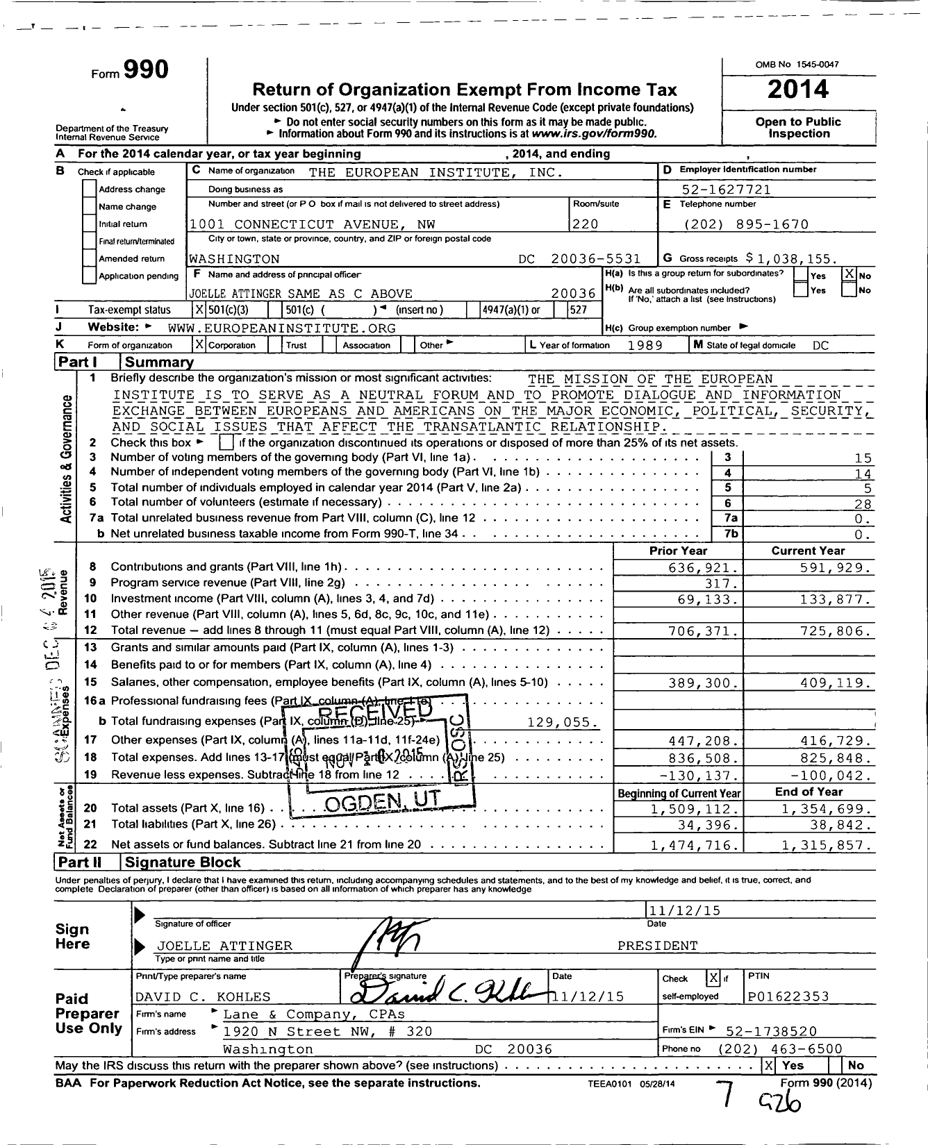 Image of first page of 2014 Form 990 for The European Institute