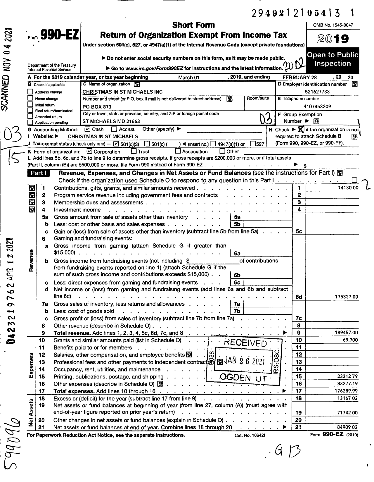 Image of first page of 2019 Form 990EZ for Christmas in St Michaels