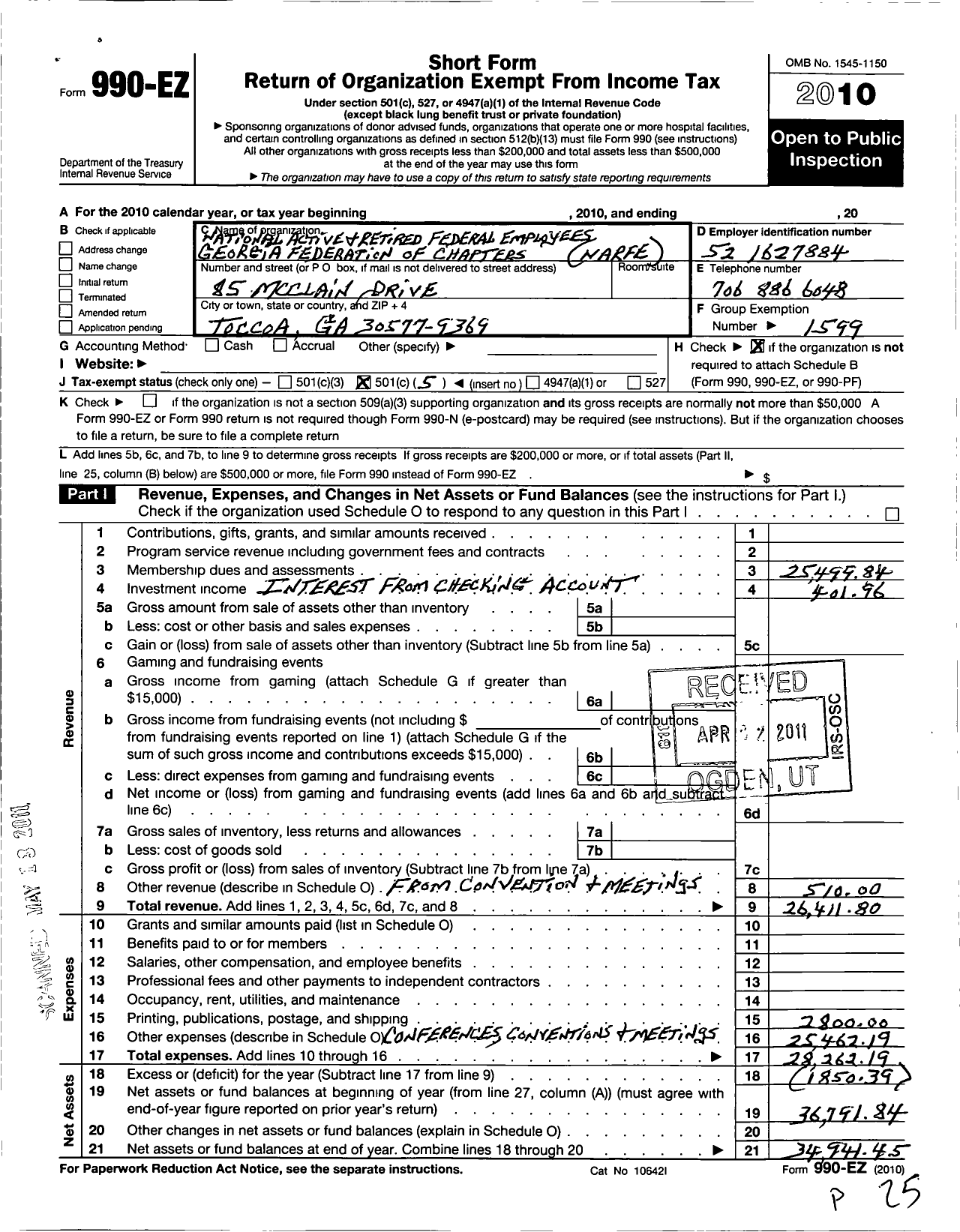 Image of first page of 2010 Form 990EO for National Active and Retired Federal Employees Association
