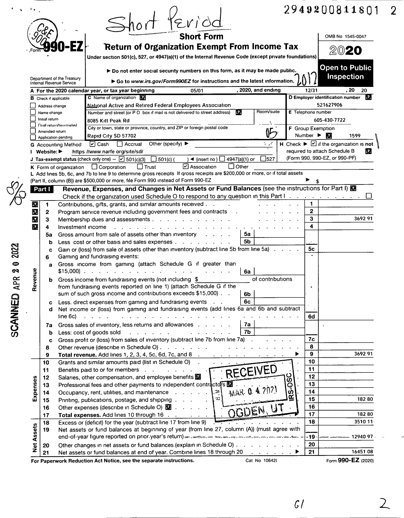 Image of first page of 2020 Form 990EO for National Active and Retired Federal Employees Association / South Dakota State Federation