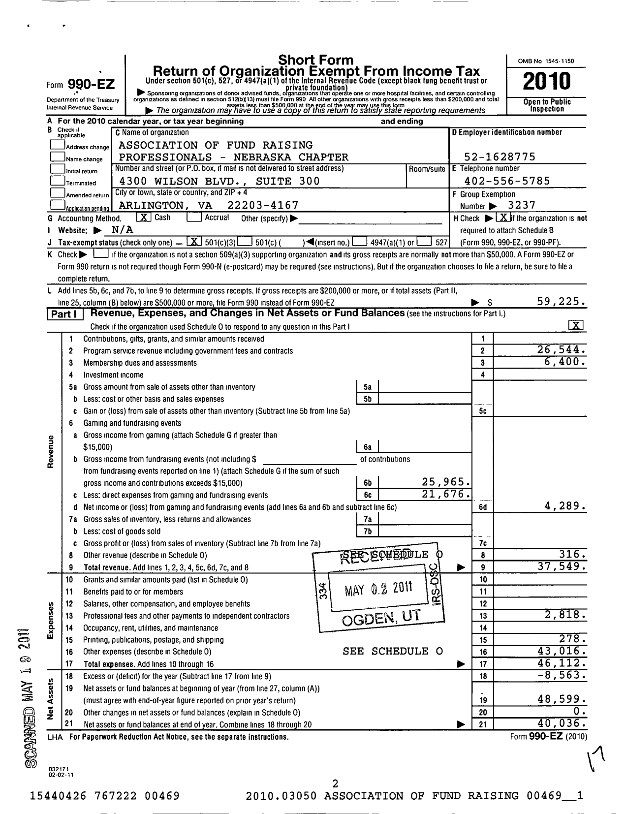 Image of first page of 2010 Form 990EZ for Association of Fundraising Professionals - Ne-Nebraska Chapter