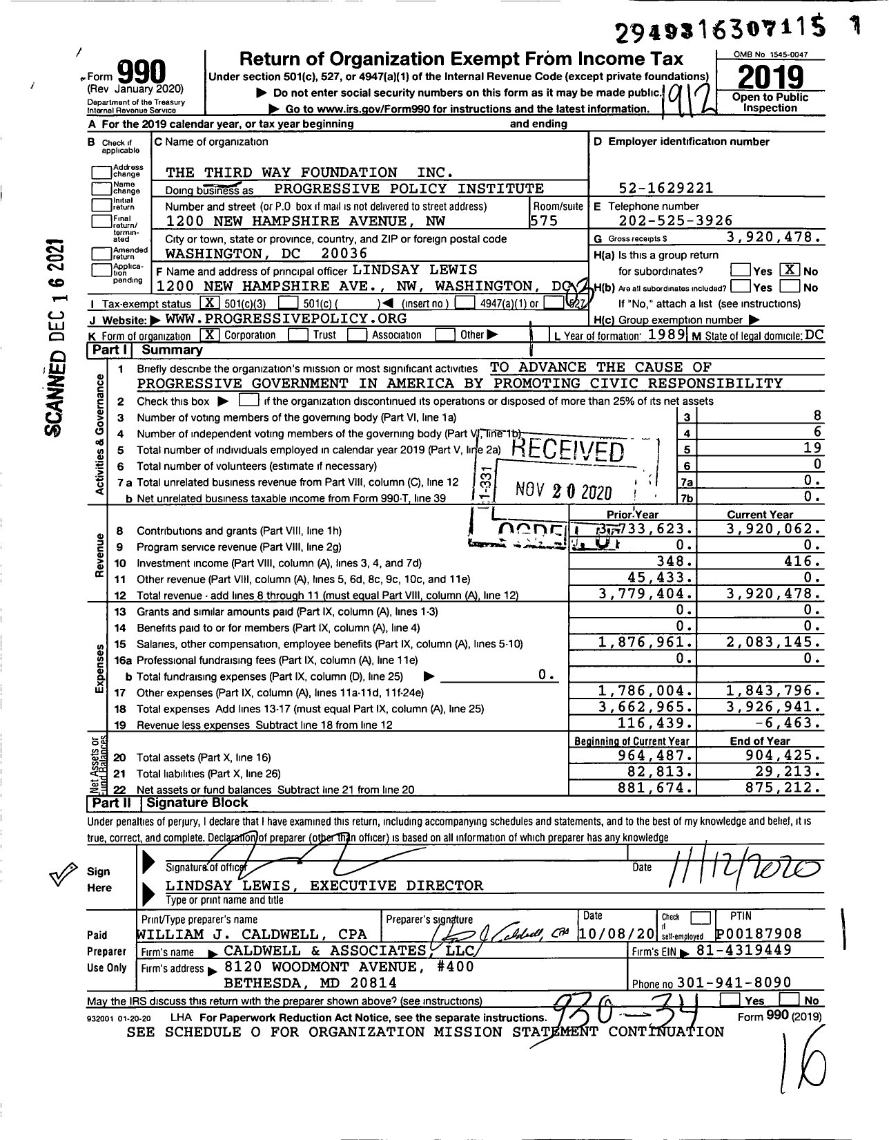 Image of first page of 2019 Form 990 for Progressive Policy Institute (PPI)