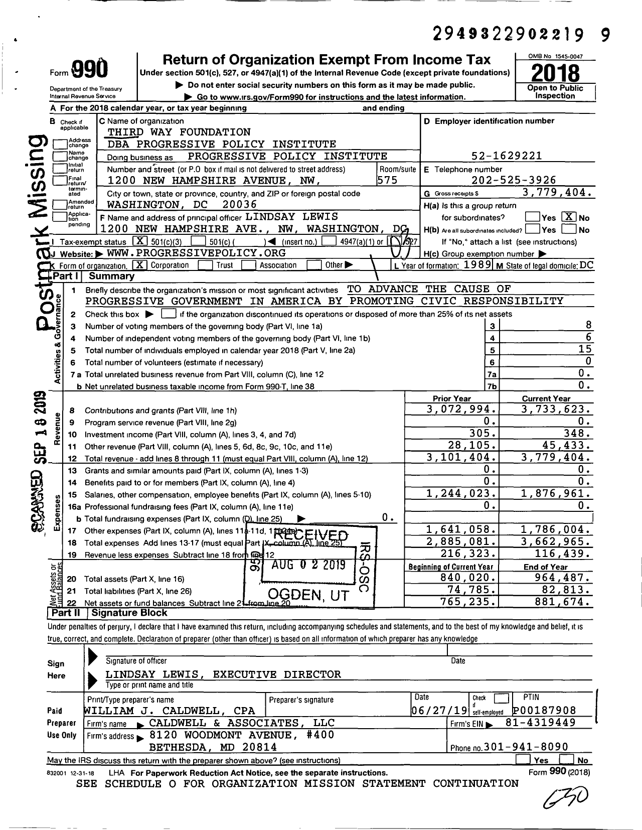 Image of first page of 2018 Form 990 for Progressive Policy Institute (PPI)