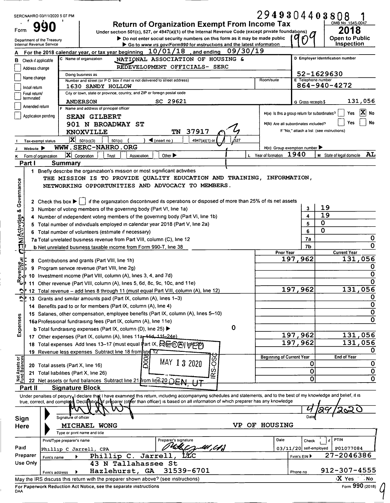 Image of first page of 2018 Form 990 for National Association of Housing and Redevelopment Officials- Officials-Serc