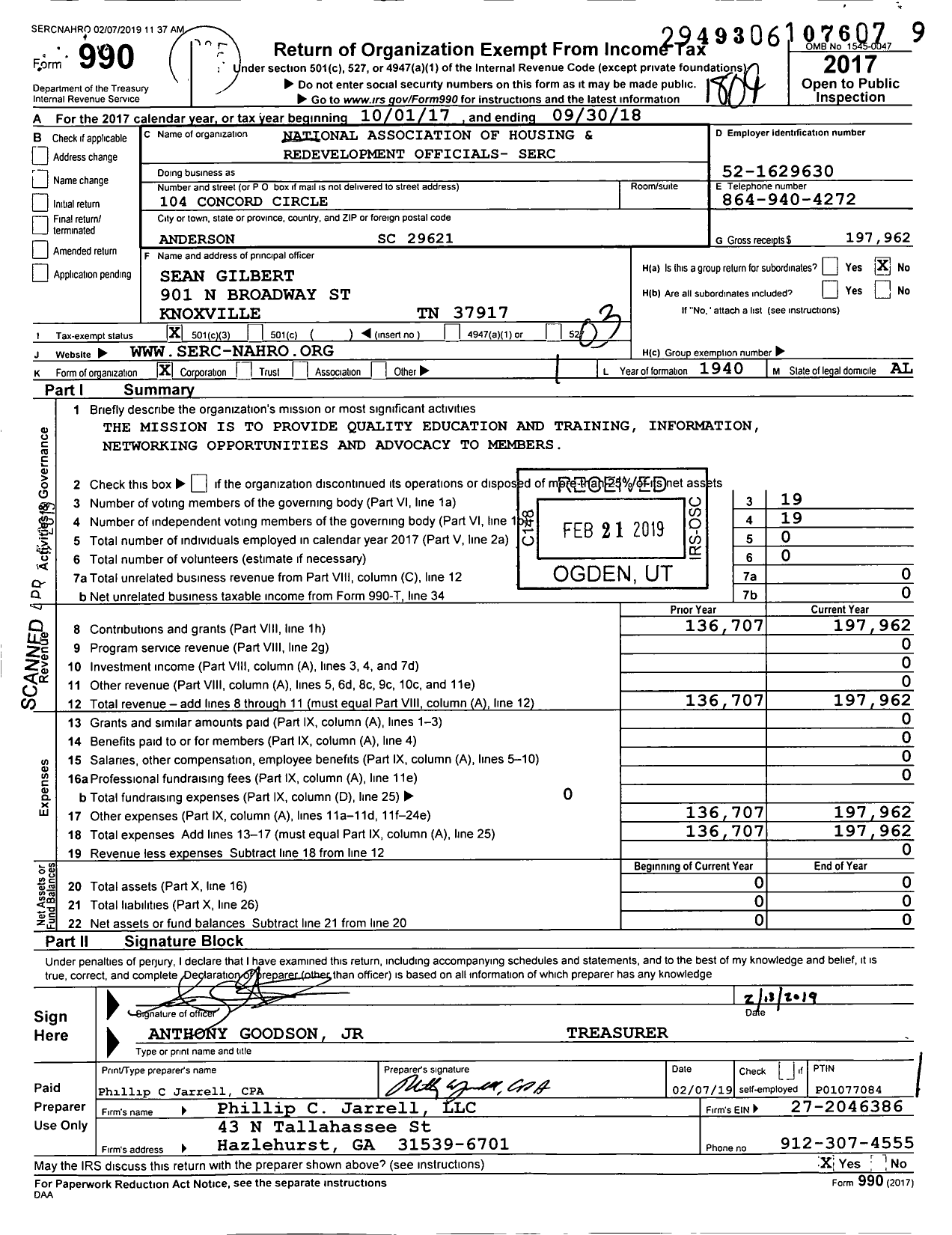 Image of first page of 2017 Form 990 for National Association of Housing and Redevelopment Officials- Officials-Serc