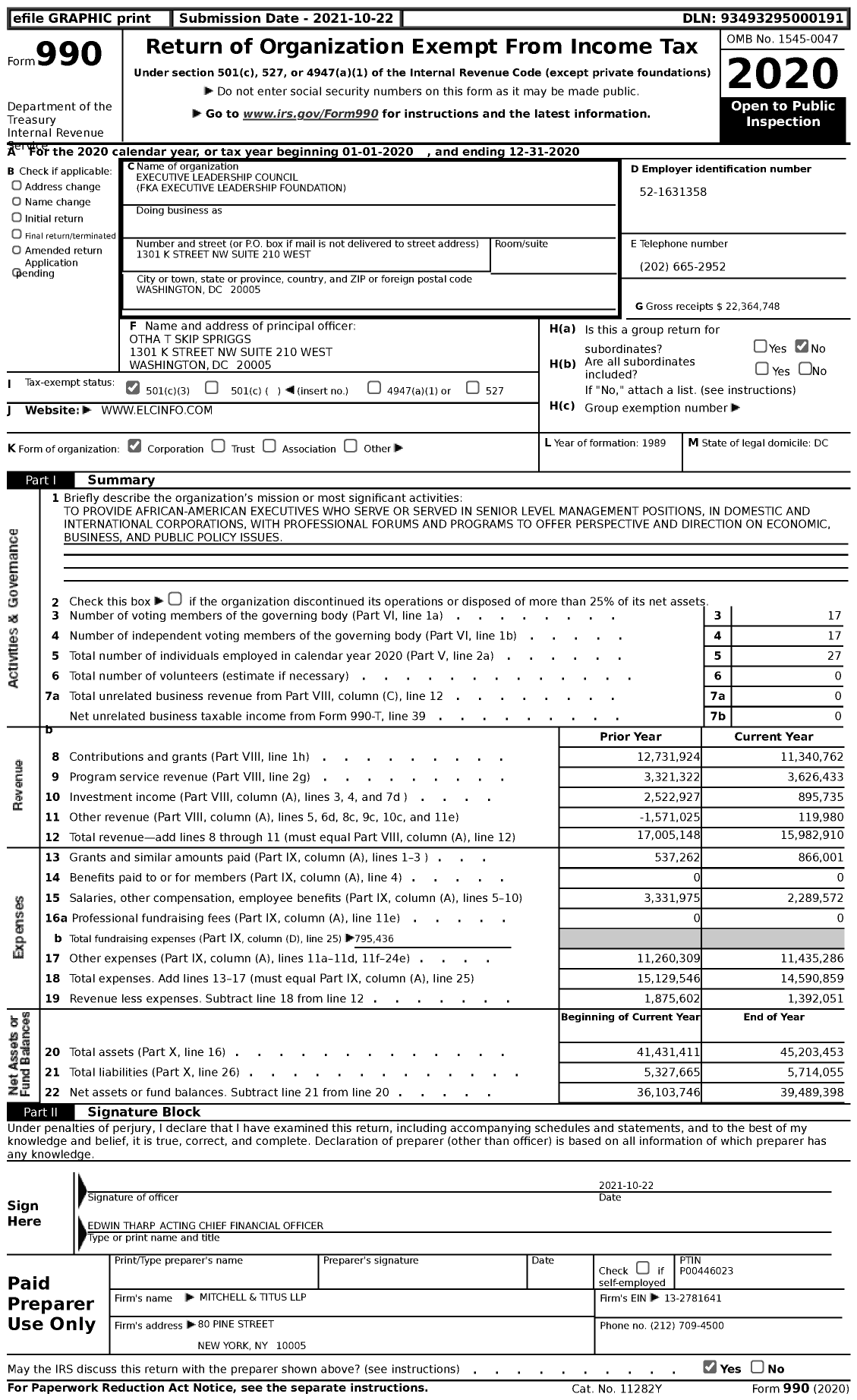 Image of first page of 2020 Form 990 for Executive Leadership Council (ELC)