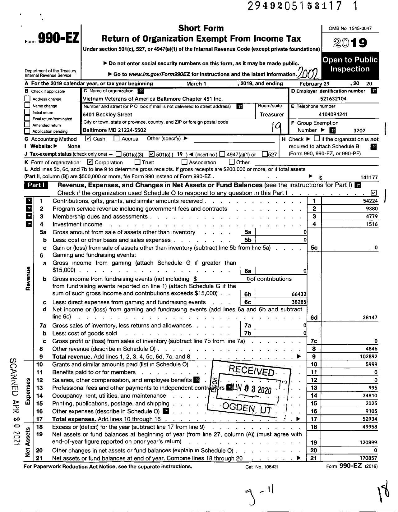 Image of first page of 2019 Form 990EO for Vietnam Veterans of America - 451 Chapter