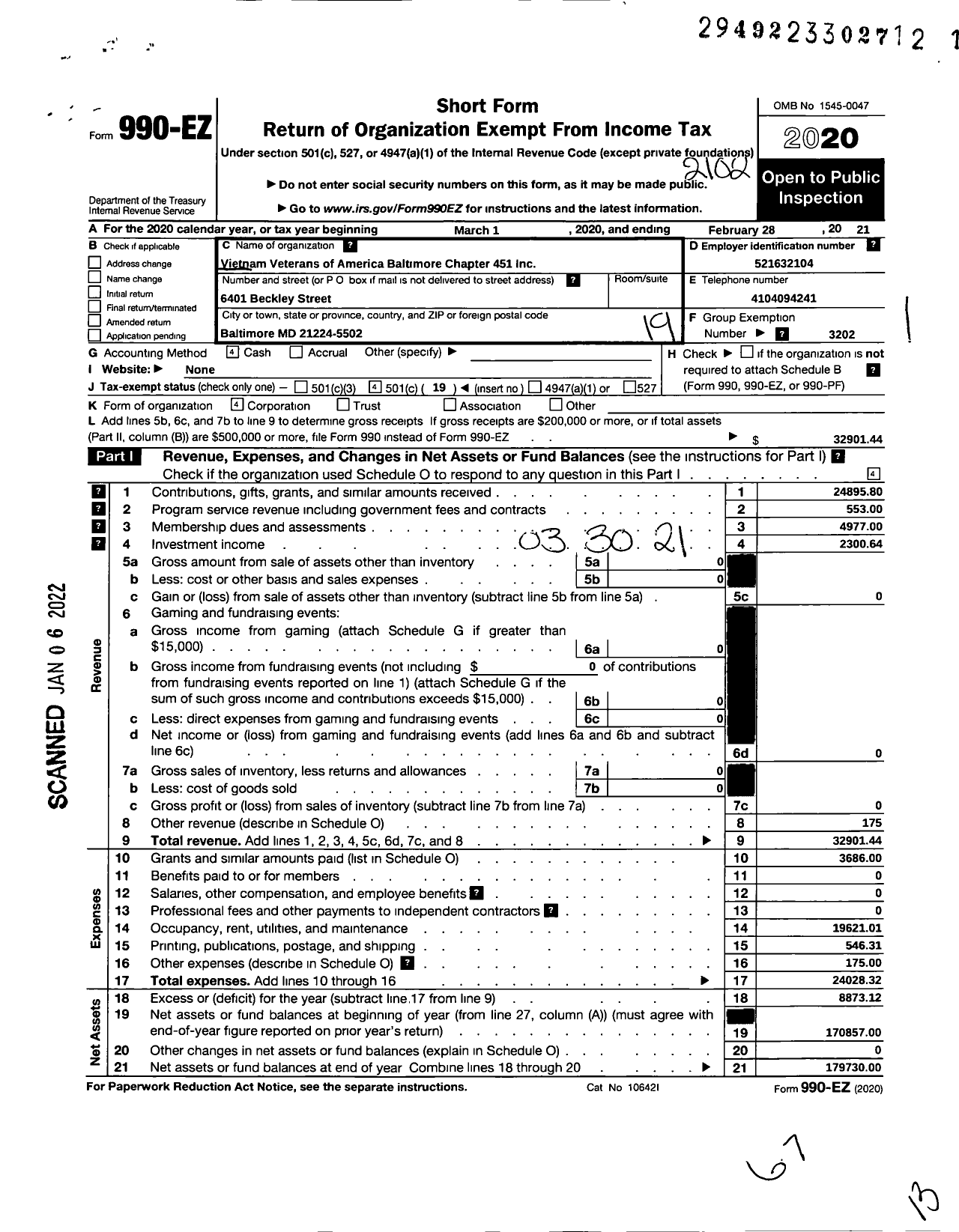 Image of first page of 2020 Form 990EO for Vietnam Veterans of America - 451 Chapter