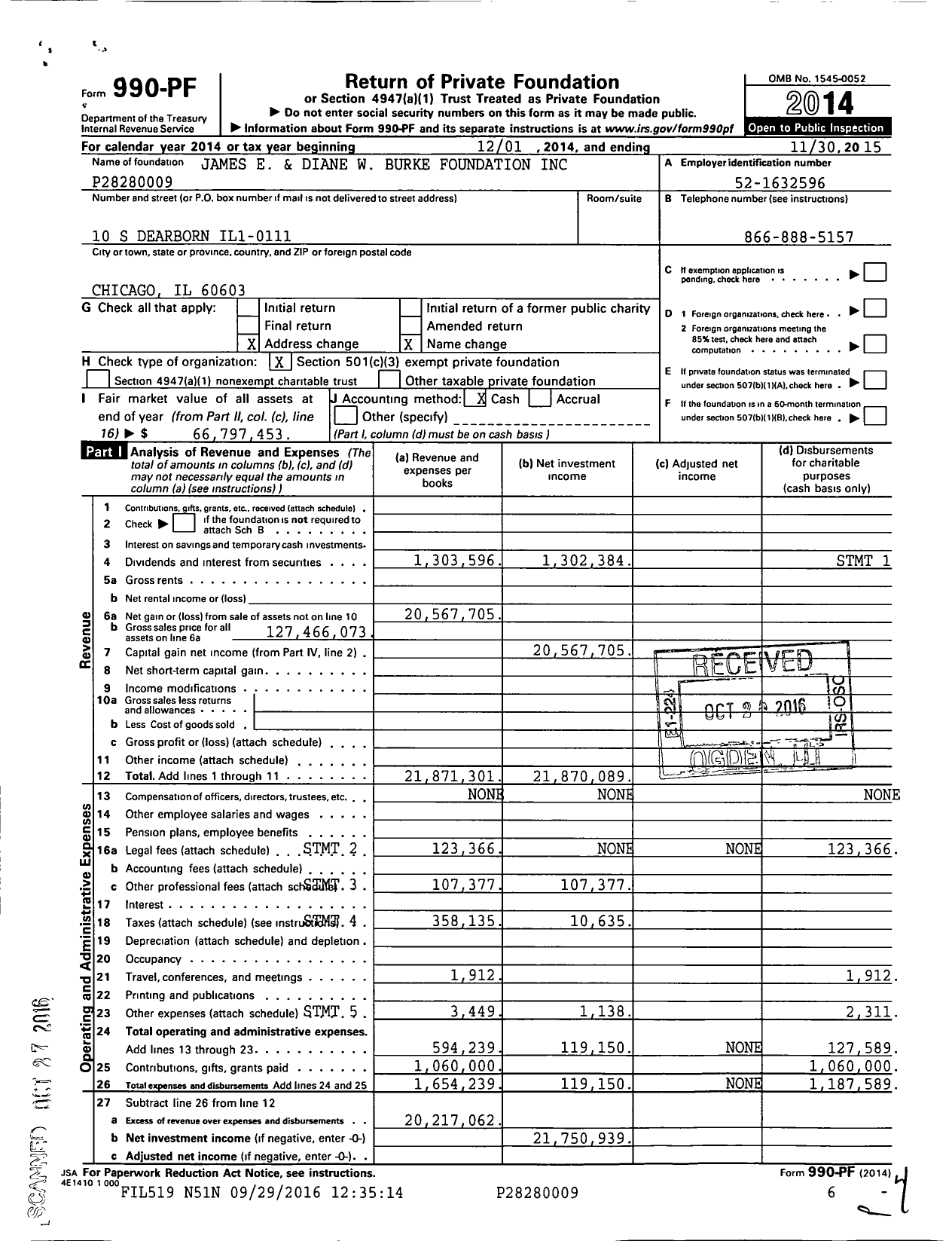 Image of first page of 2014 Form 990PF for James E. and Diane W. Burke Foundation