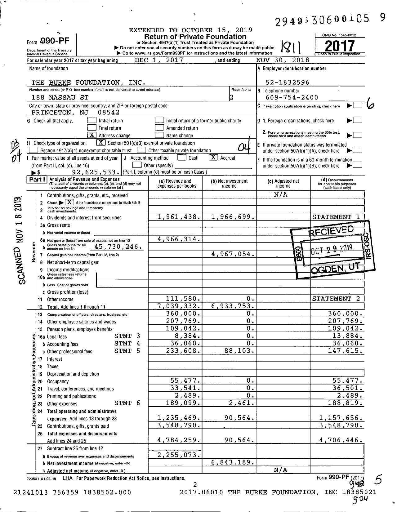 Image of first page of 2017 Form 990PF for James E. and Diane W. Burke Foundation
