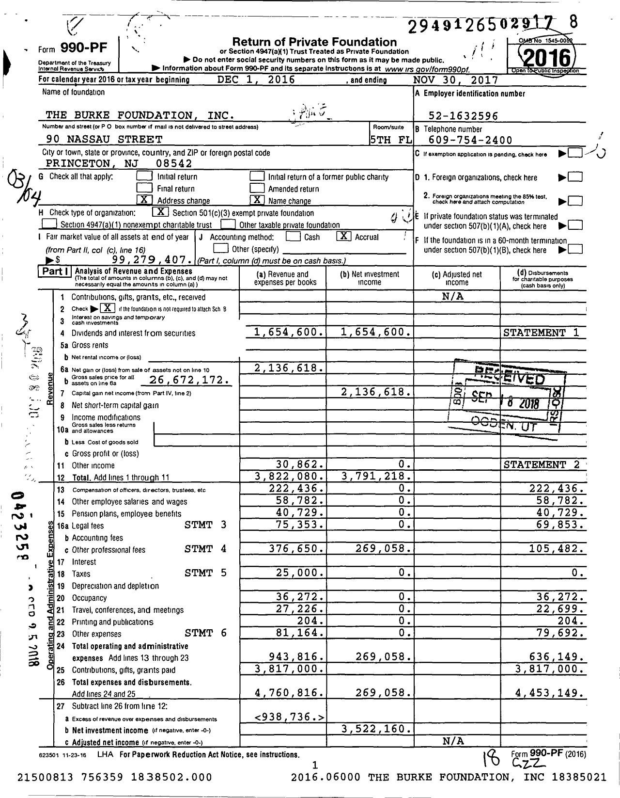 Image of first page of 2016 Form 990PF for James E. and Diane W. Burke Foundation