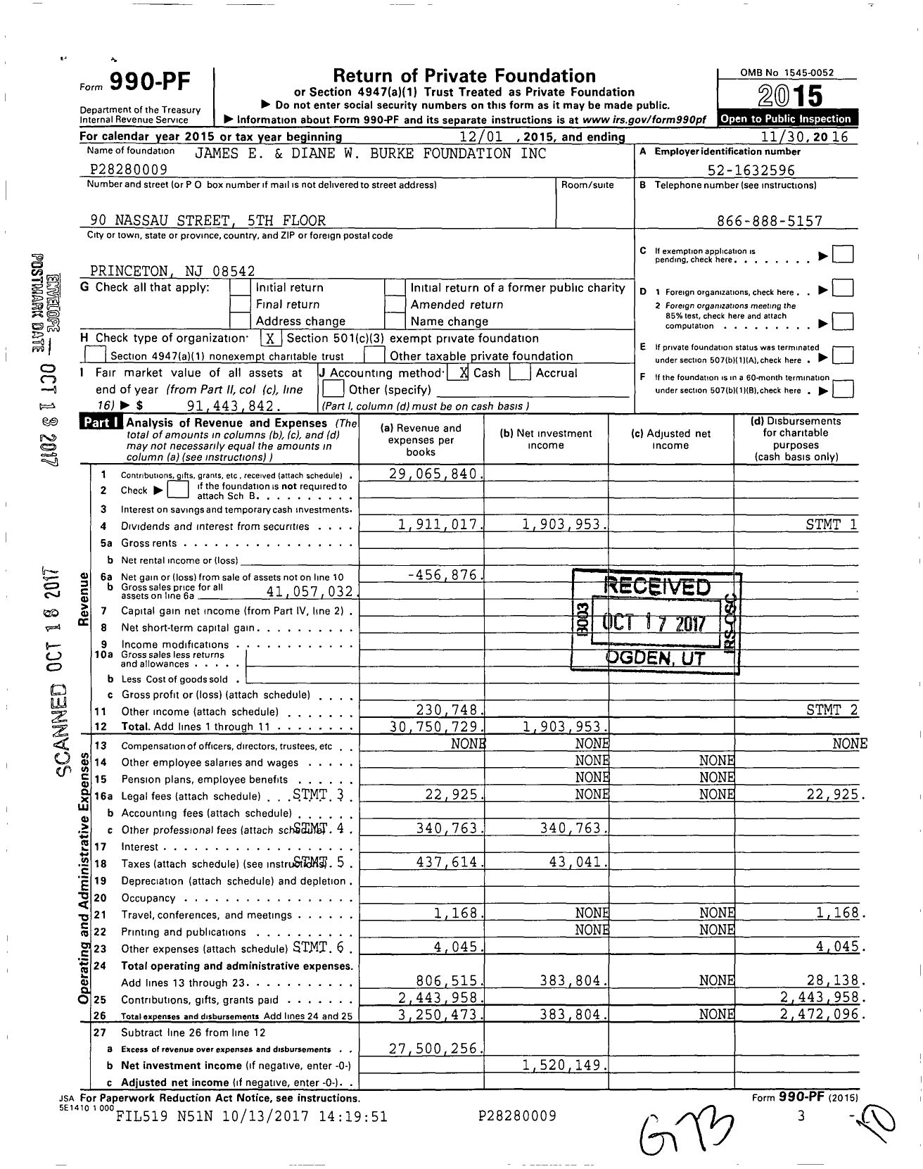 Image of first page of 2015 Form 990PF for James E. and Diane W. Burke Foundation