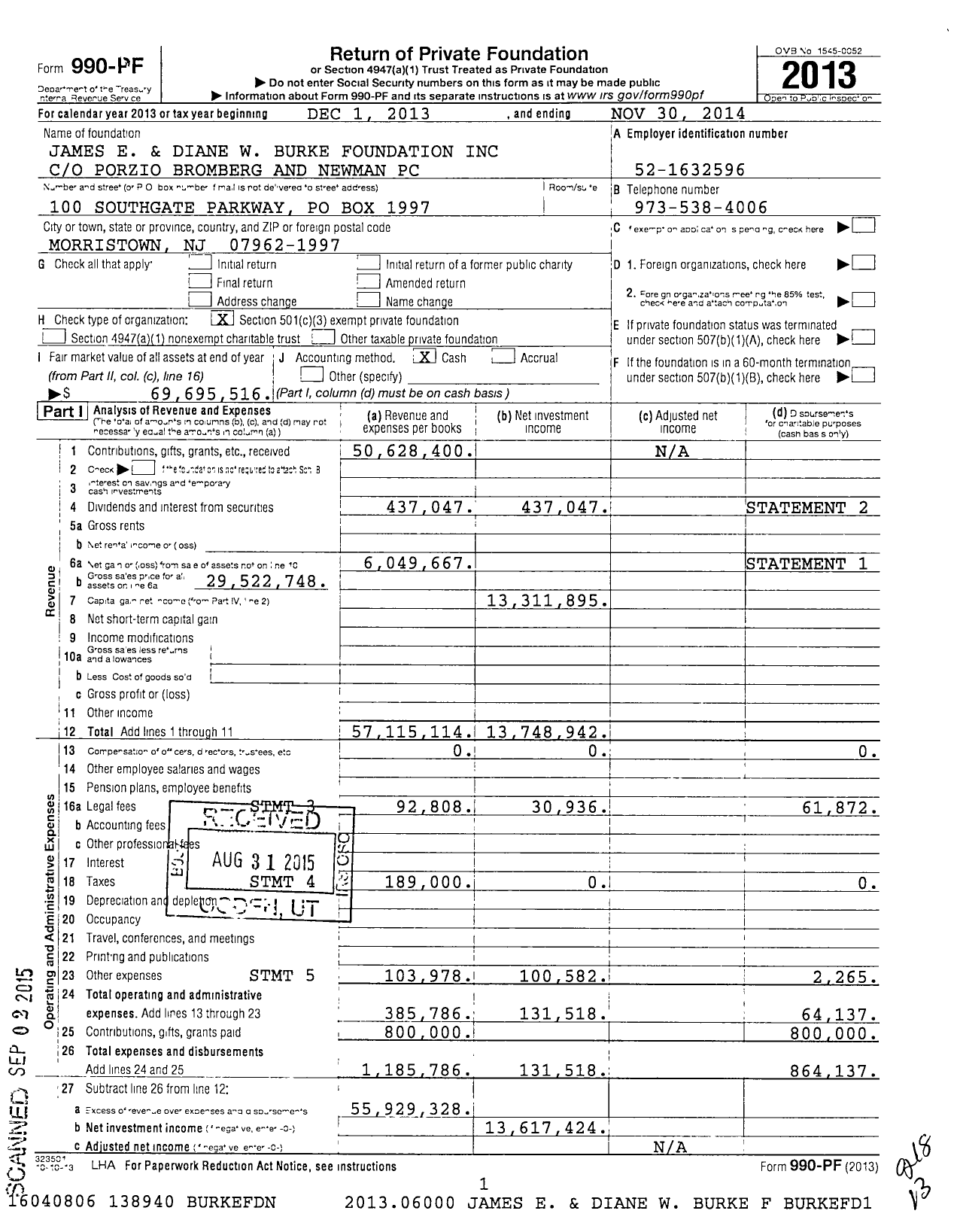 Image of first page of 2013 Form 990PF for James E. and Diane W. Burke Foundation